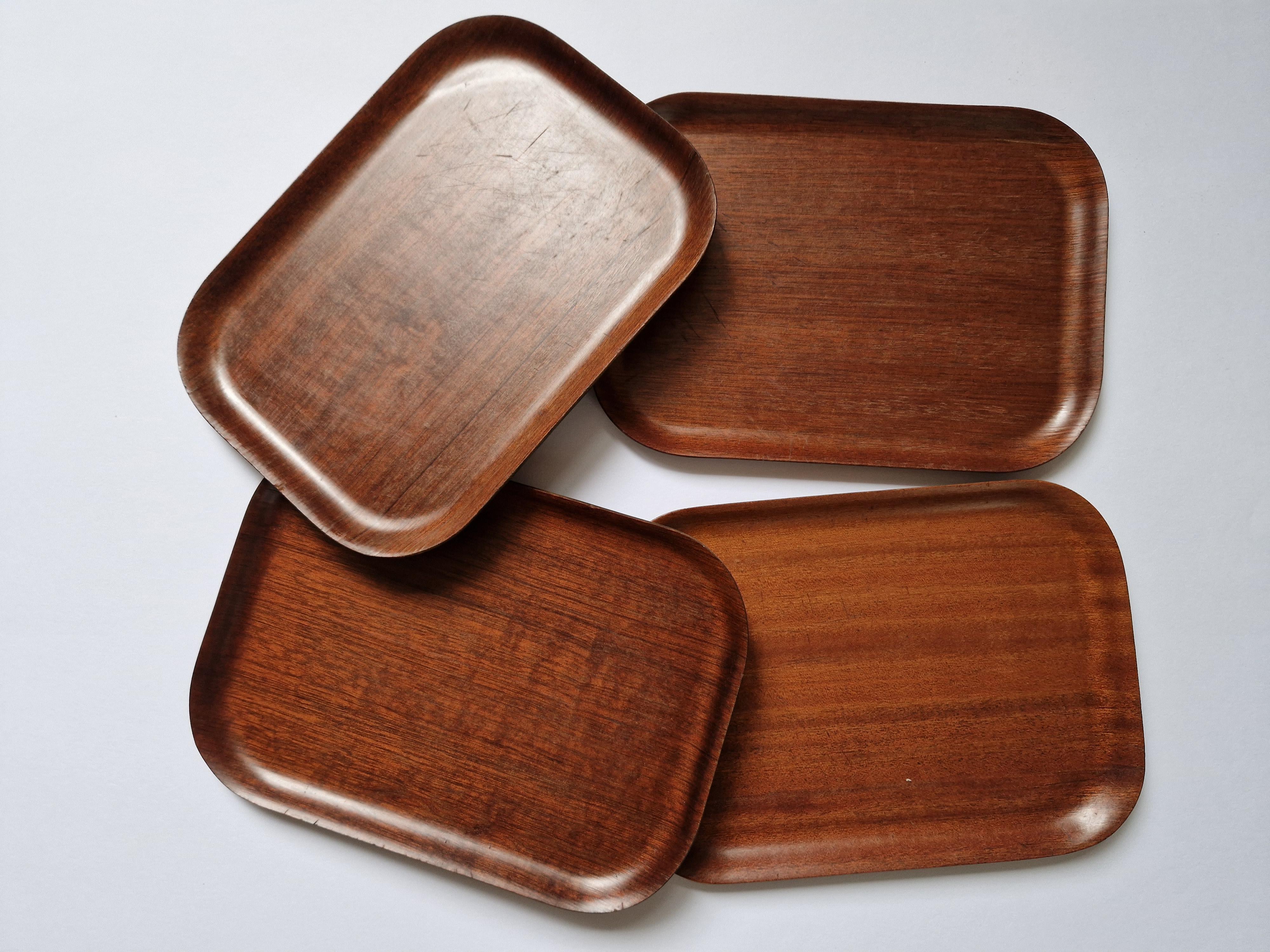 Mid-20th Century Set of Four Midcentury Serving Teak Trays Backman for Airlines, Finland, 1960s For Sale