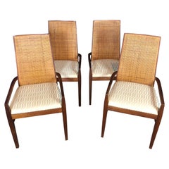 Set of Four Midcentury Tall Cane Back Dining Armchairs