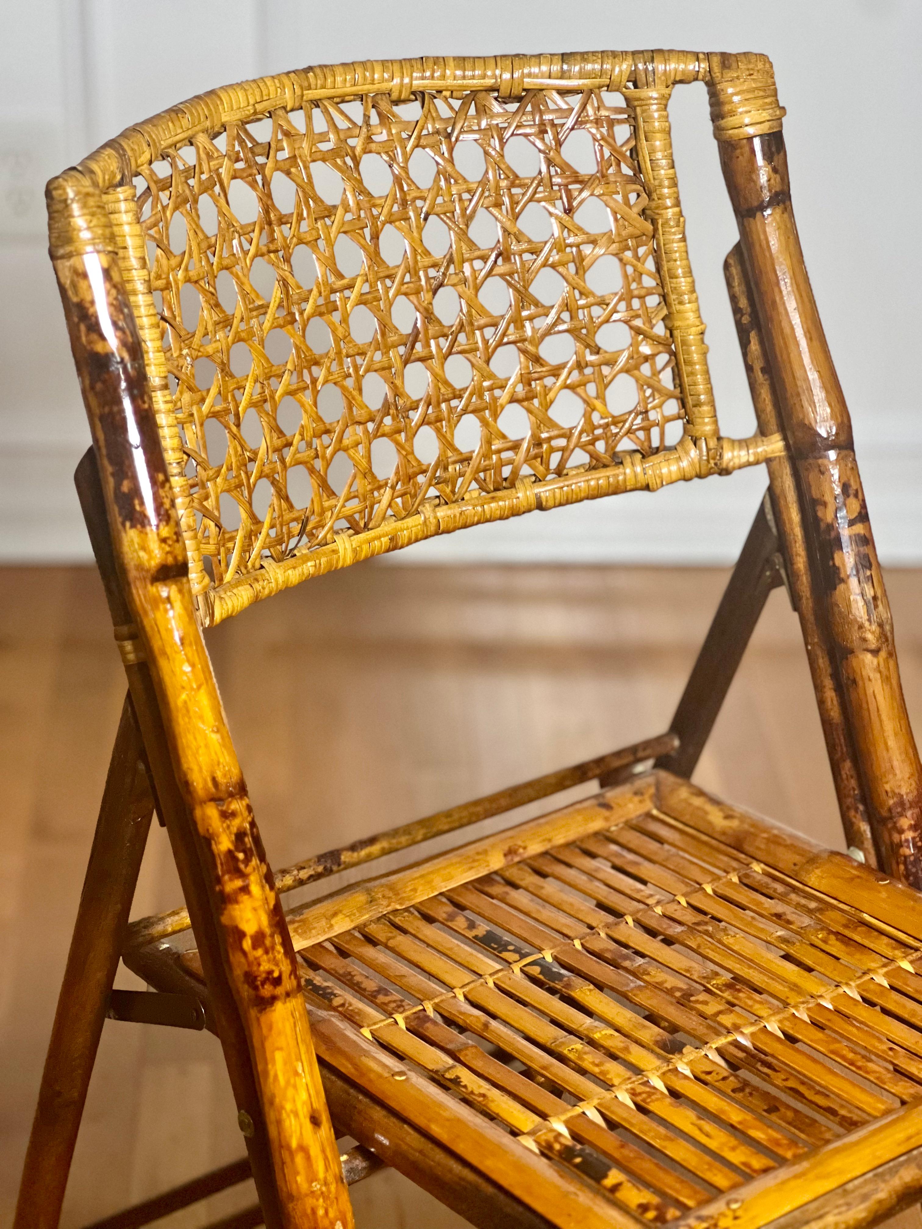 Set of Four Midcentury Tortoise Shell Style Burnt Bamboo Folding Chairs For Sale 6