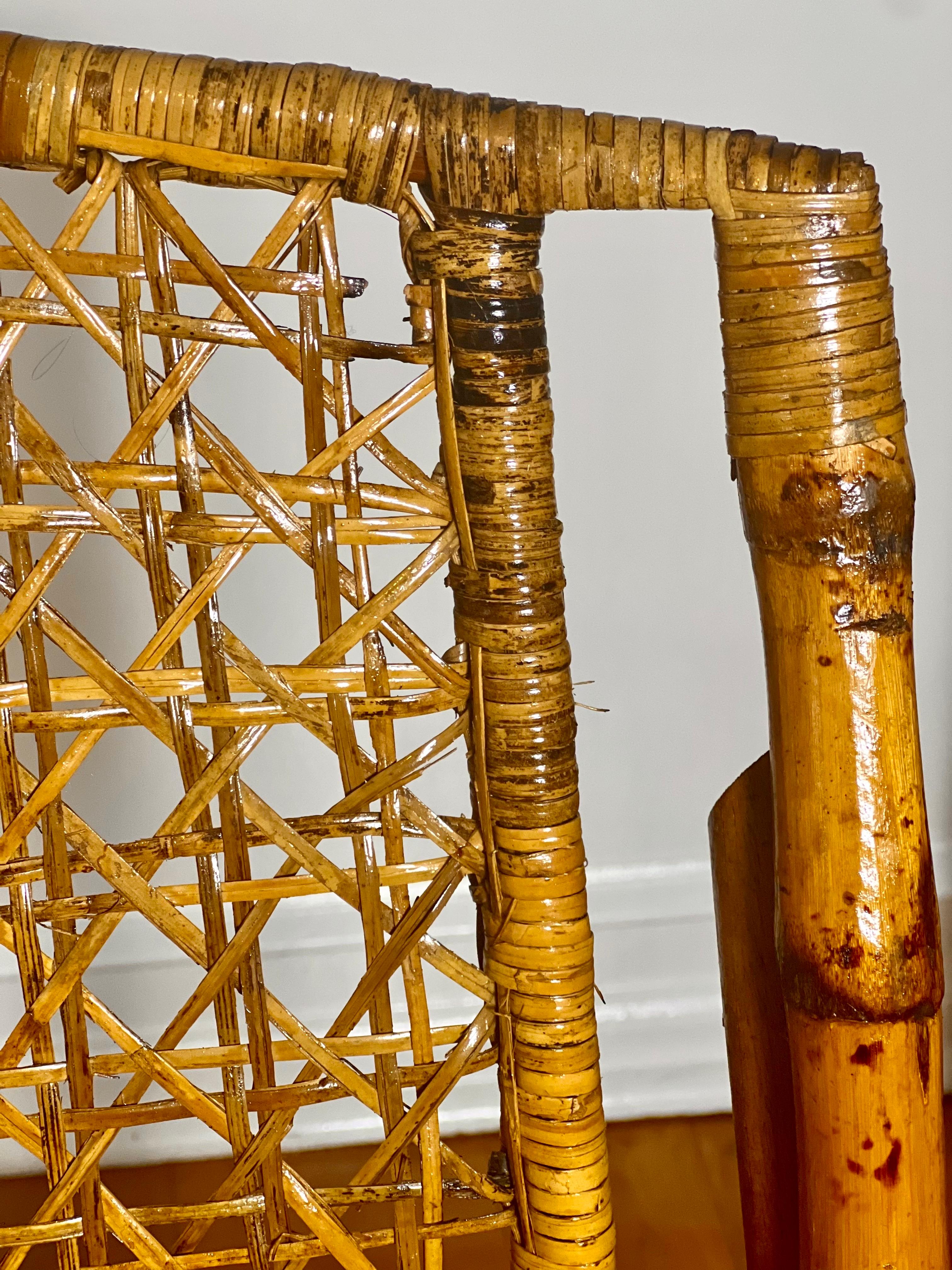 Set of Four Midcentury Tortoise Shell Style Burnt Bamboo Folding Chairs For Sale 7
