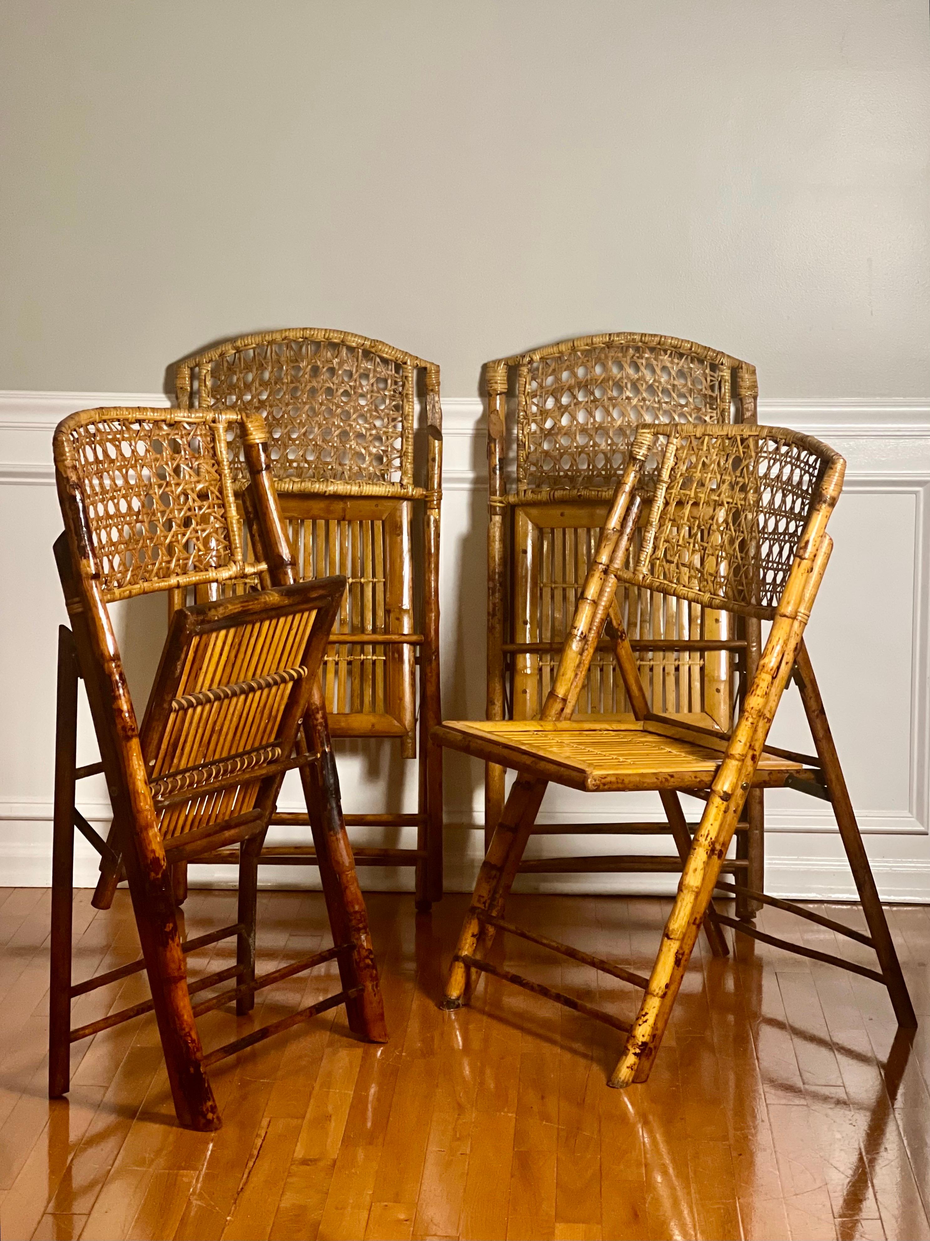 Set of Four Midcentury Tortoise Shell Style Burnt Bamboo Folding Chairs For Sale 9