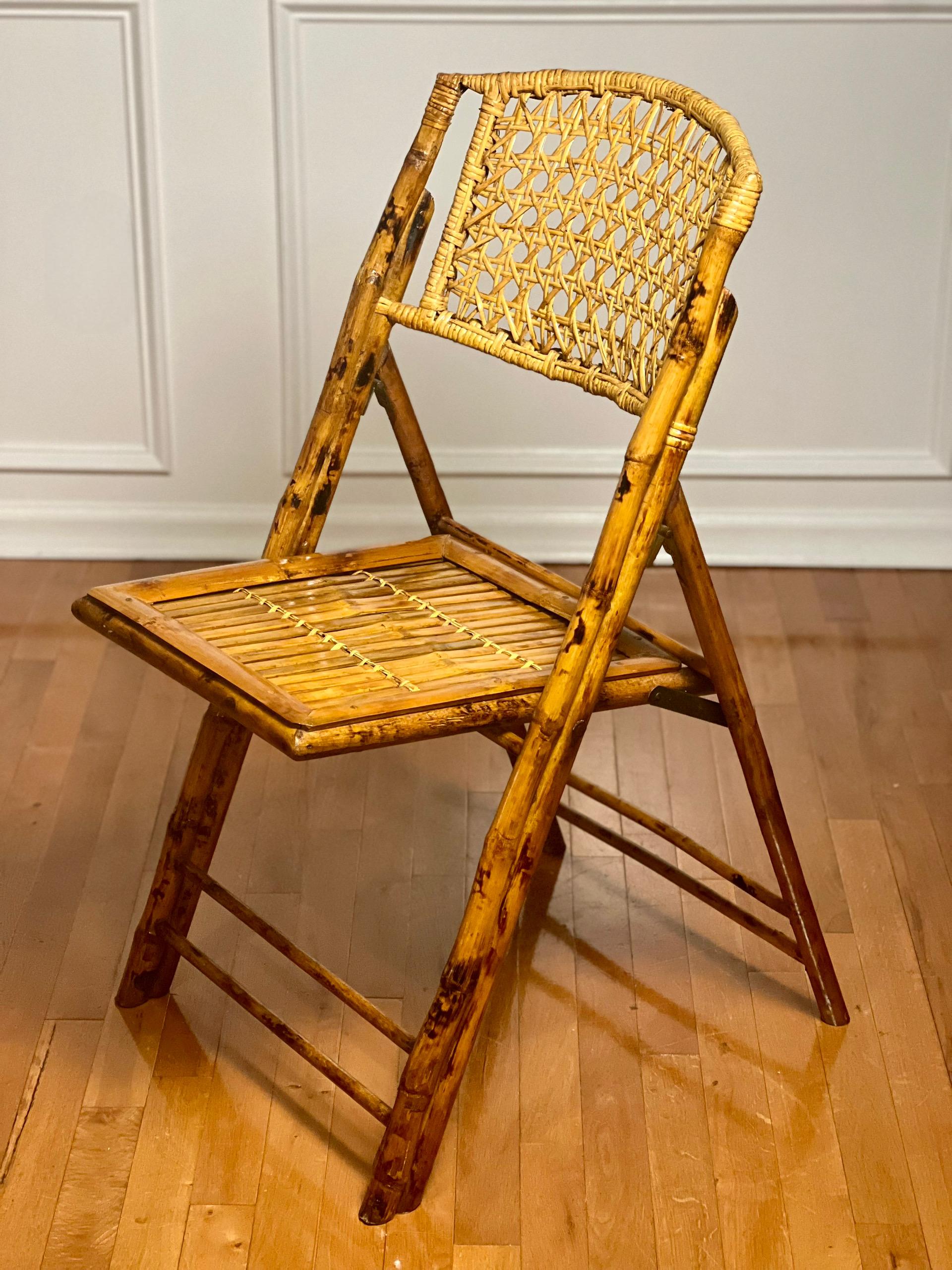 Set of Four Midcentury Tortoise Shell Style Burnt Bamboo Folding Chairs For Sale 3