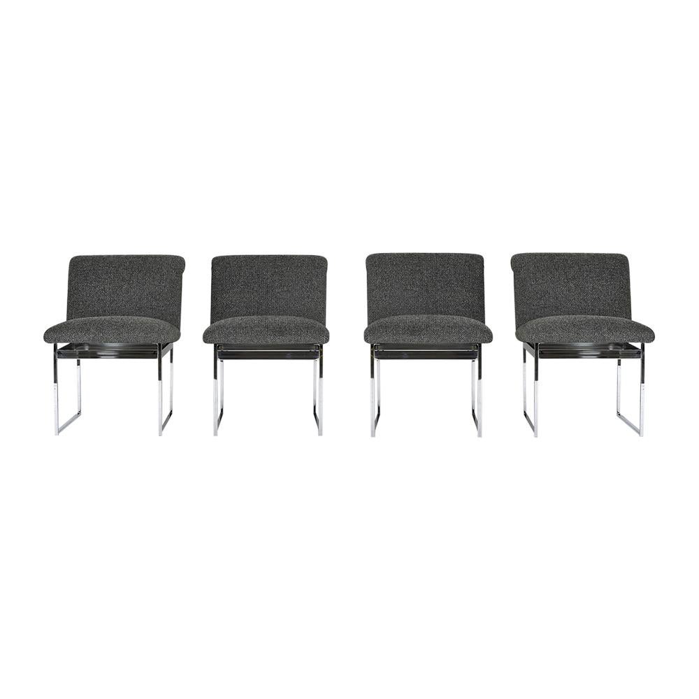 This set of Six 1960s Mid-Century Modern Dining Chairs is designed by Milo Baughman. These chairs have a sleek chrome frame with professionally upholstered seats. The seats have a scroll back with a heathered gray color fabric with a comfortable