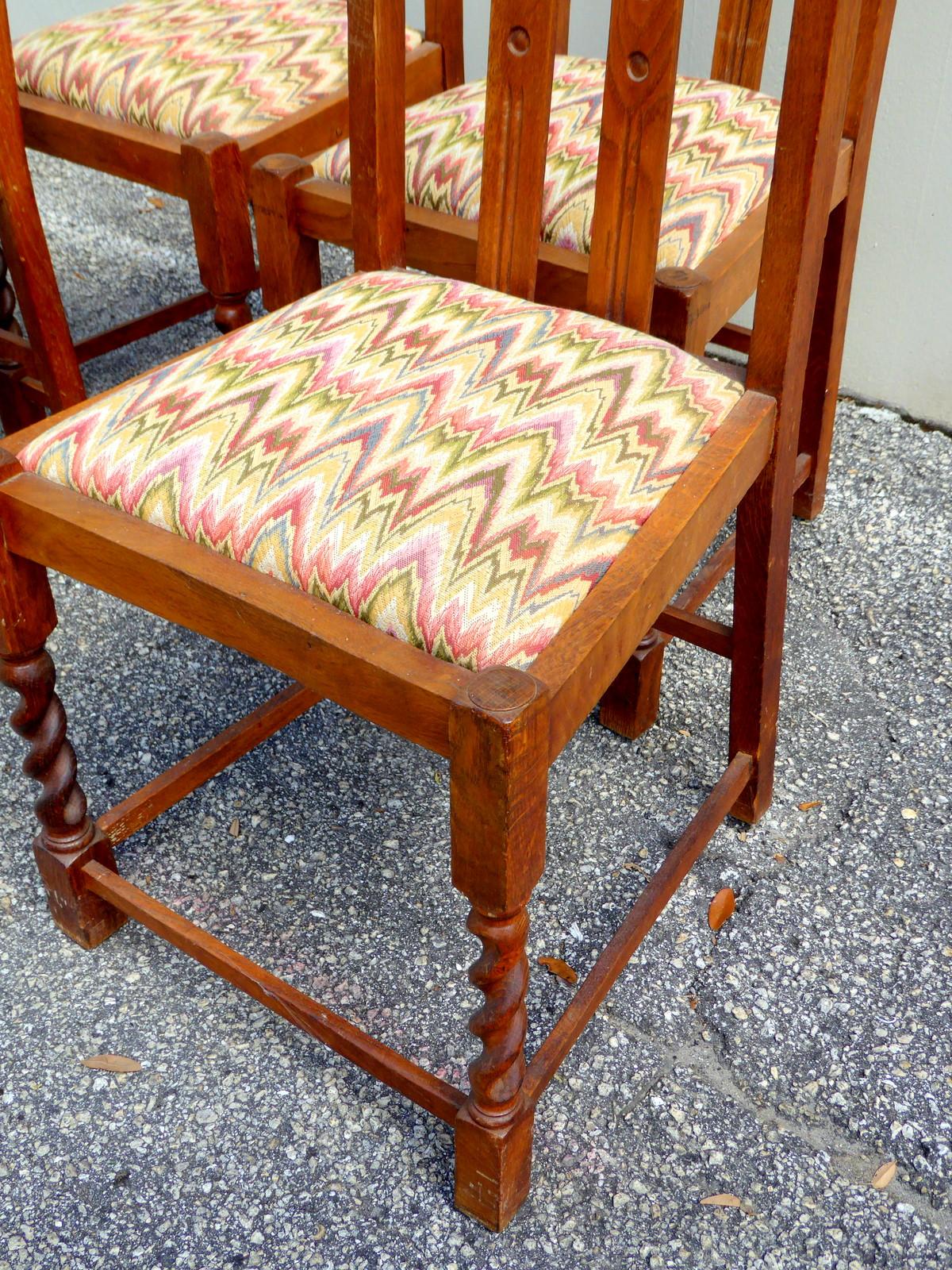Fabric Set of Four Mission Style Oak Chairs with a Twist For Sale