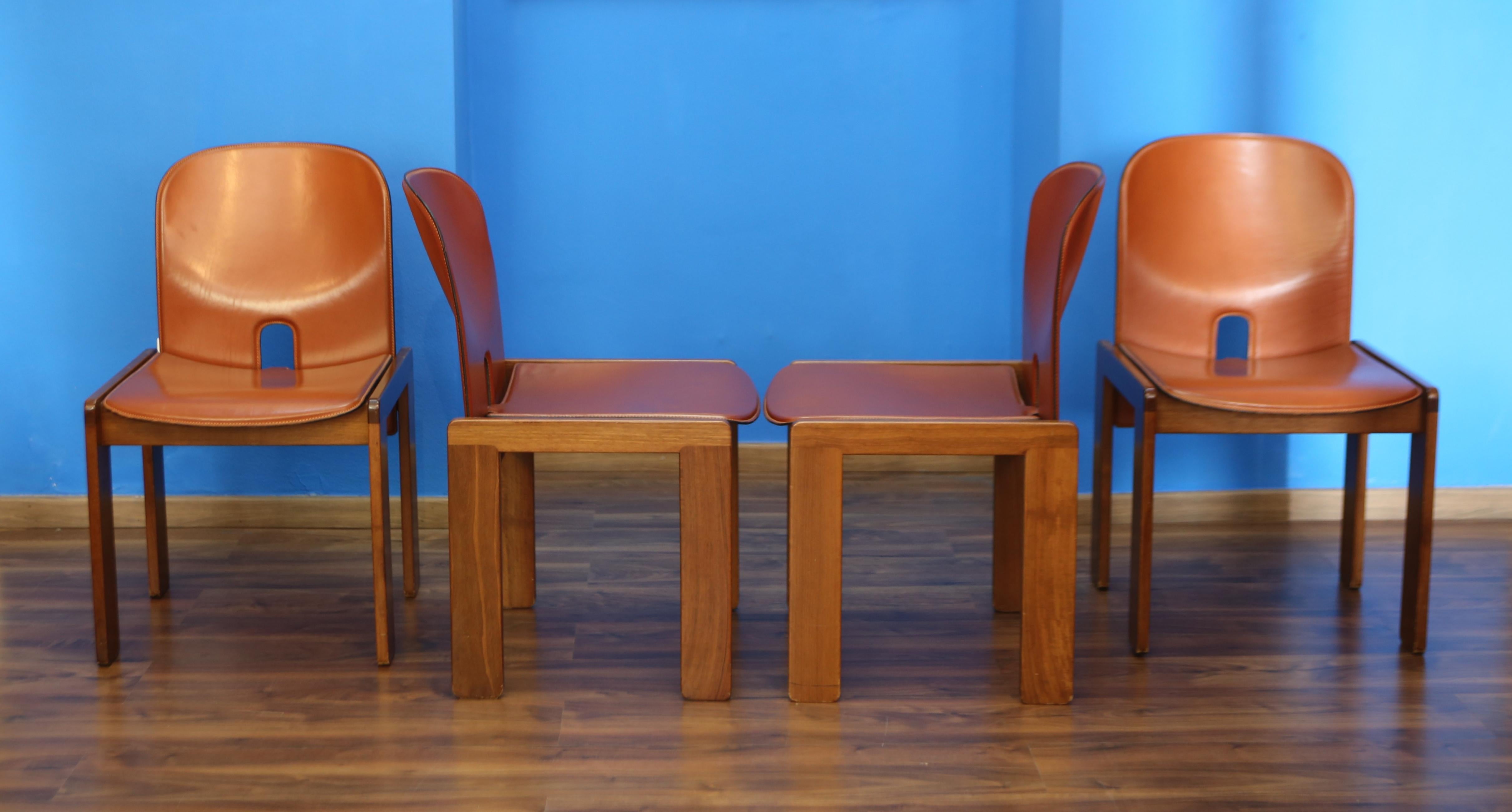 Set of four Model 121 chairs designed by Afra and Tobia Scarpa for Cassina 1965
Wooden frame with leather-covered seat and back. Original label. Produced by Cassina, Italy, 1965. Domus no. 453, October 1967. G. Gramigna, Repertory of Italian Design