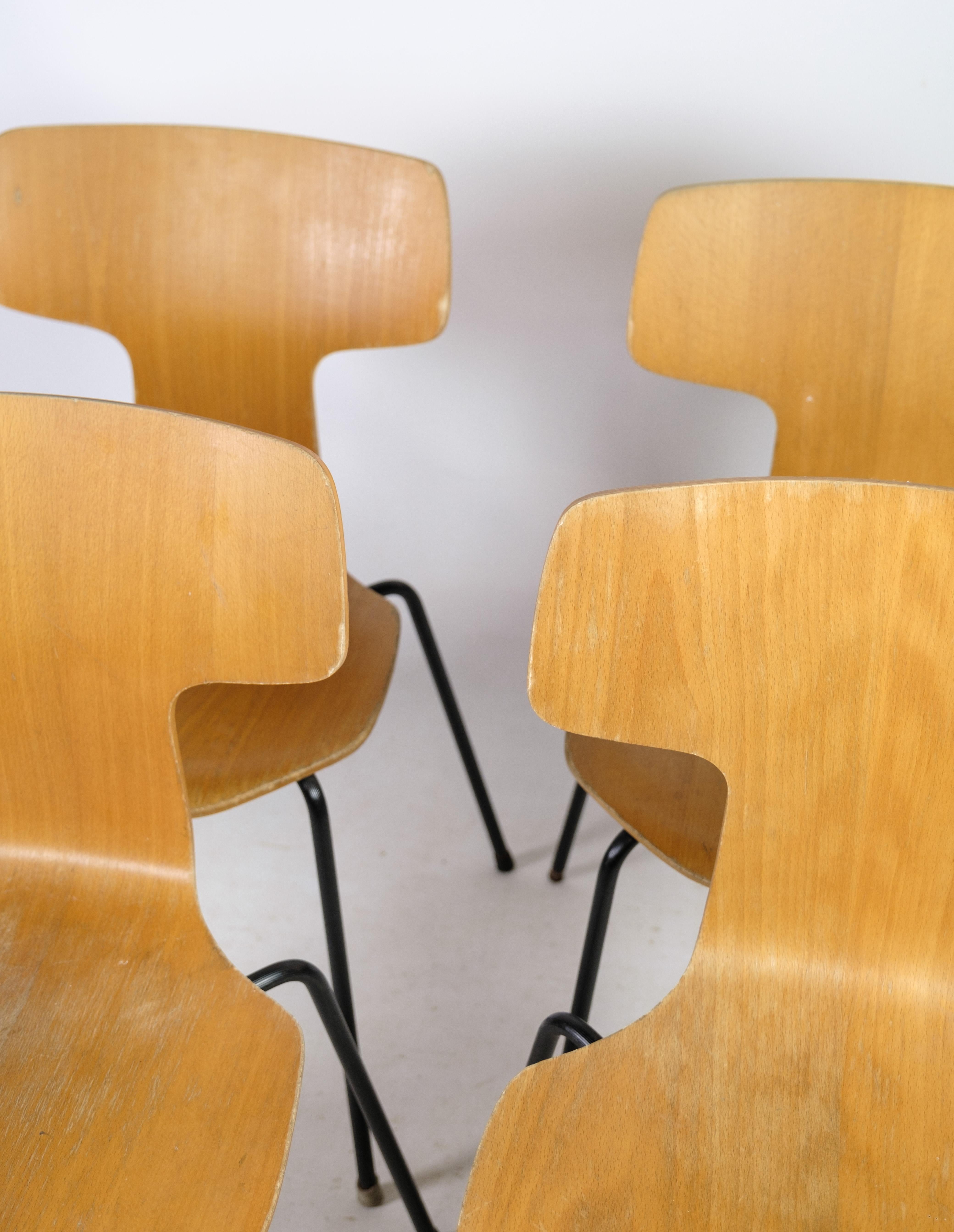 Danish Set of Four, Model 3103, 'T-Chair', by Arne Jacobsen Oak, Fritz Hansen 1960s For Sale