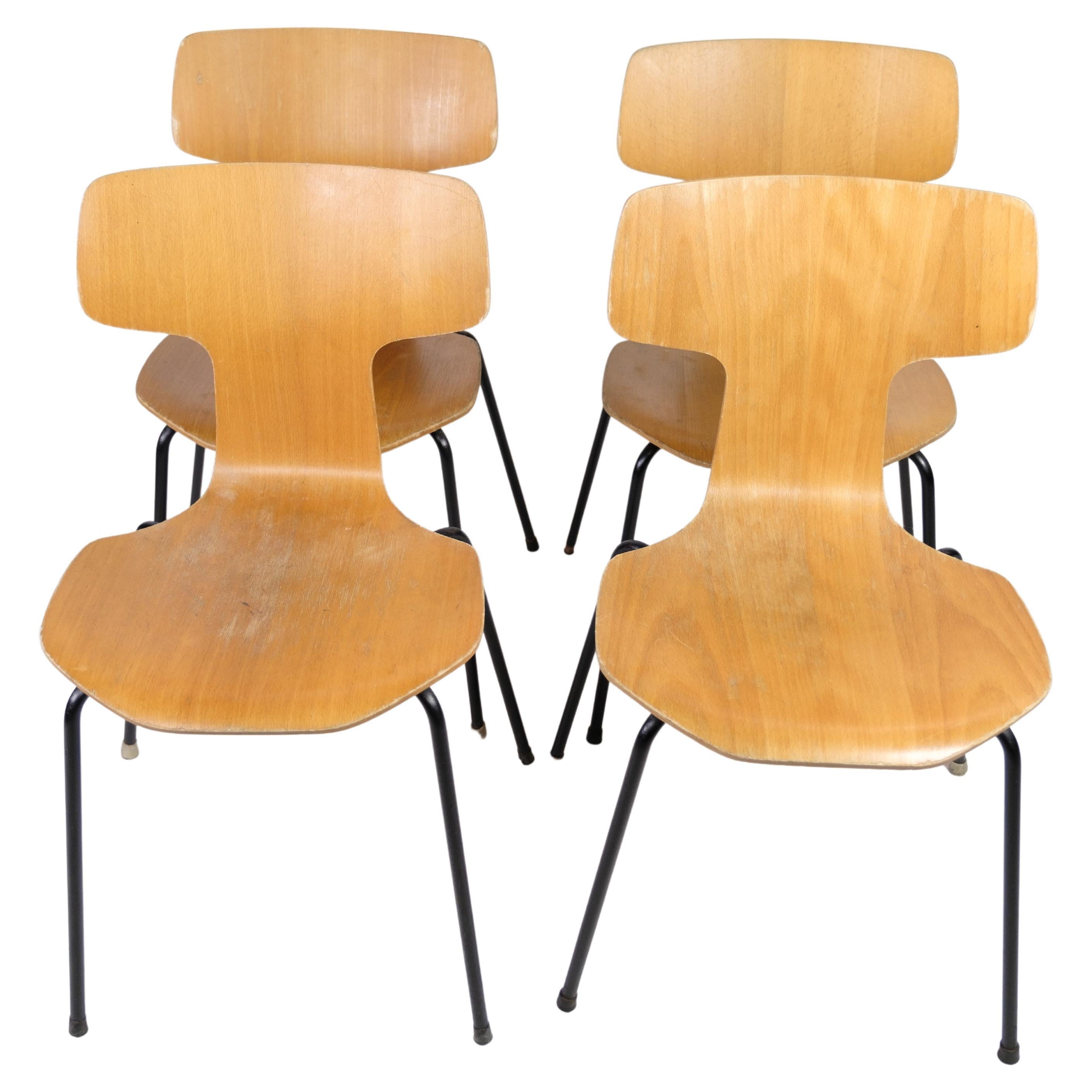 Set of Four, Model 3103, 'T-Chair', by Arne Jacobsen Oak, Fritz Hansen 1960s