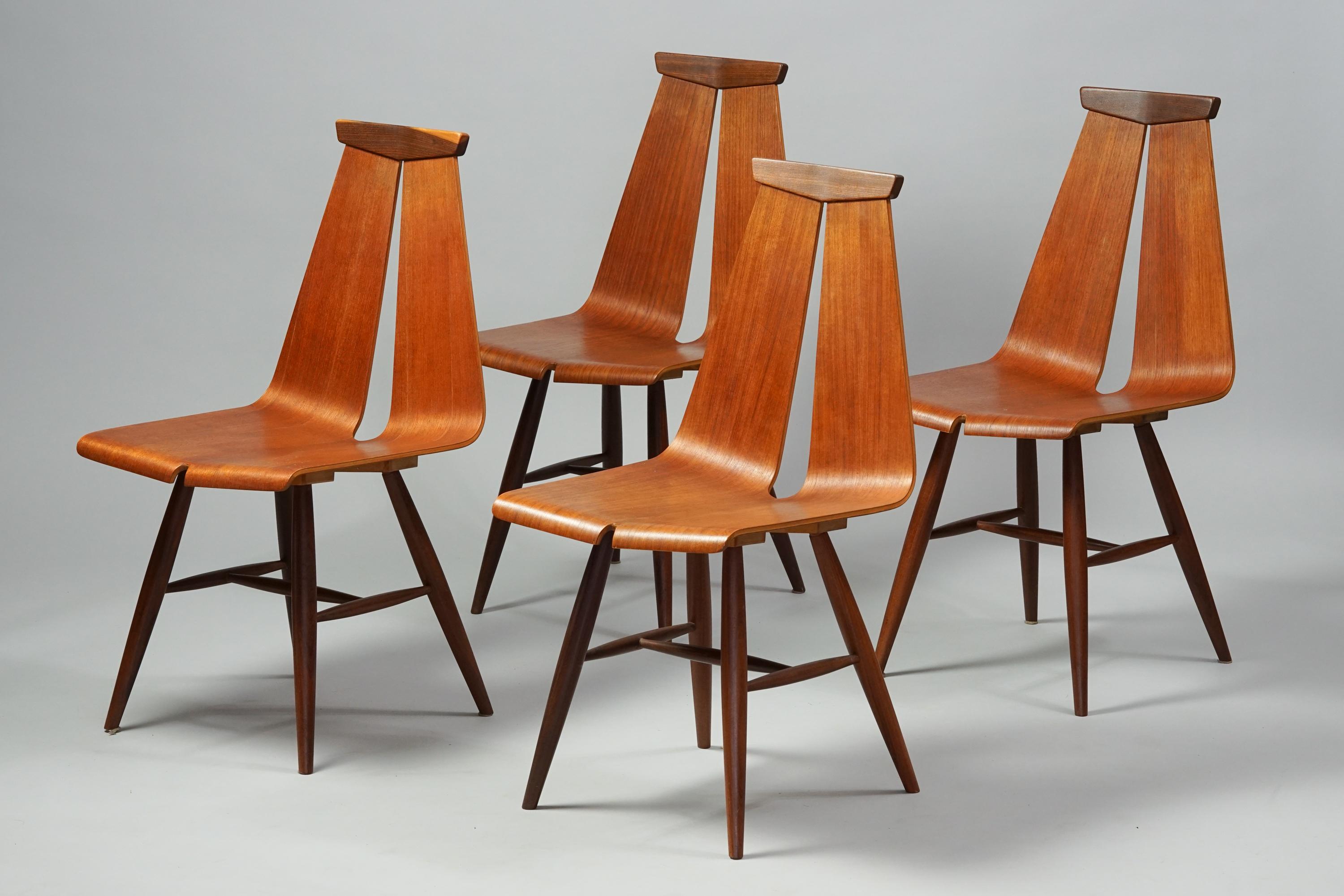 Set of four model 441 dining chairs by Risto Halme for Isku in the 1960s. Teak. Good vintage condition, minor wear consistent with age and use. The chairs are sold as a set. Iconic design.