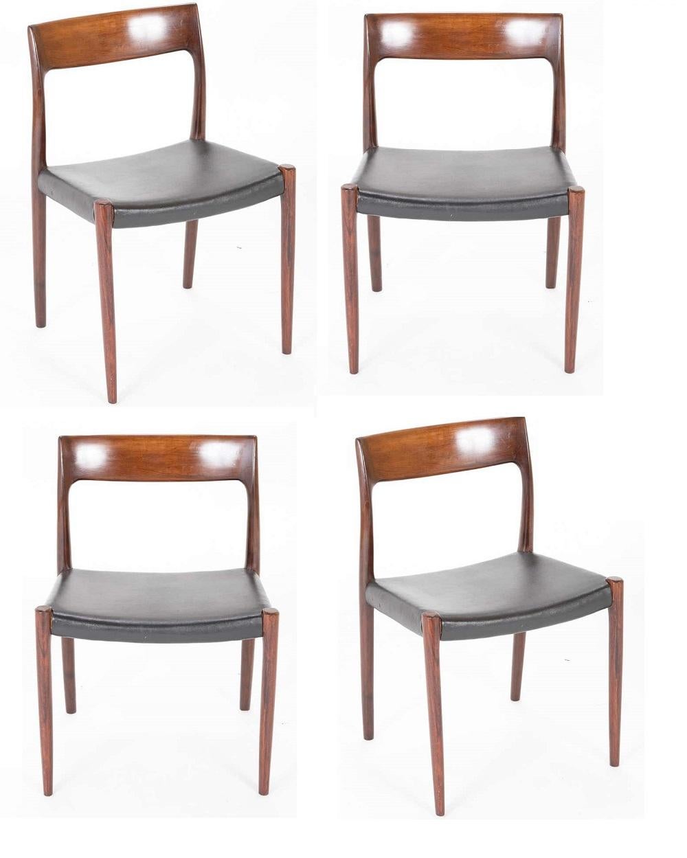 Niels Moller designed model 77 rosewood dining chairs. A set of 4 designed in 1959 produced in the 1960s.