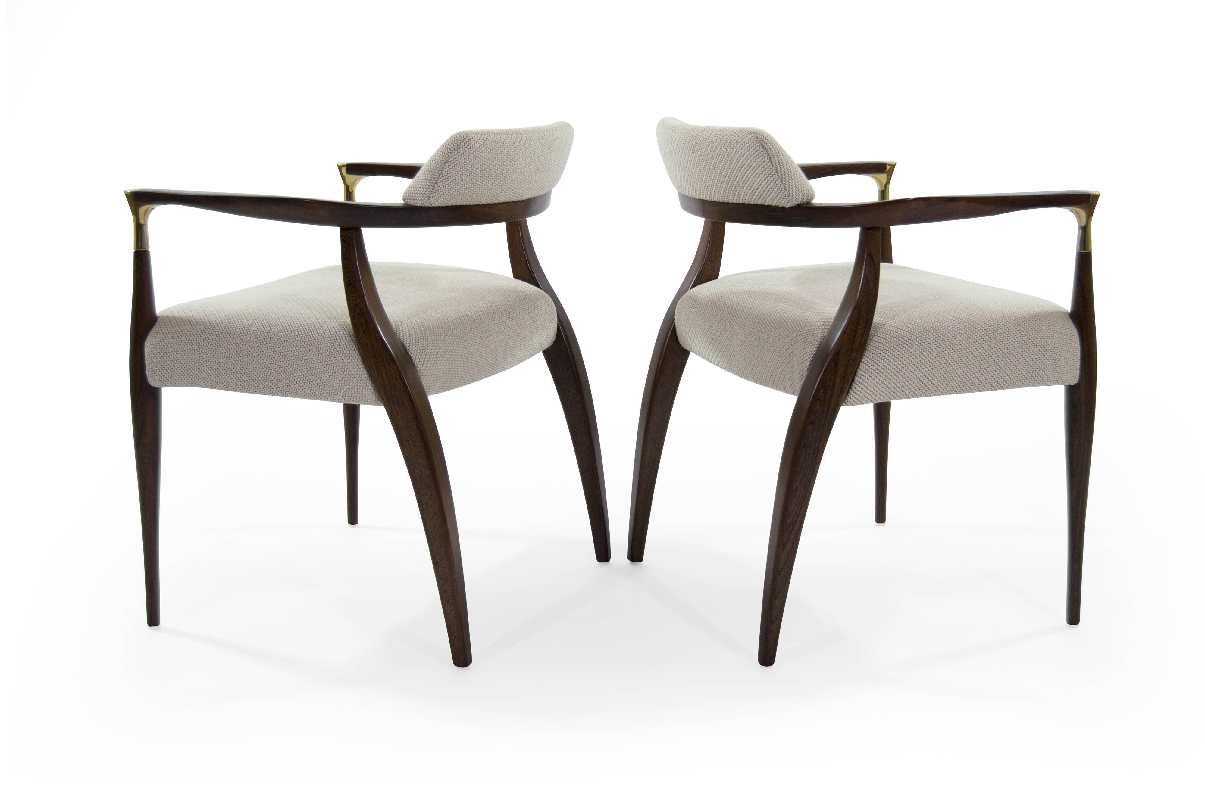 American Set of Four Modern Brass-Accented Walnut Armchairs, 1950S