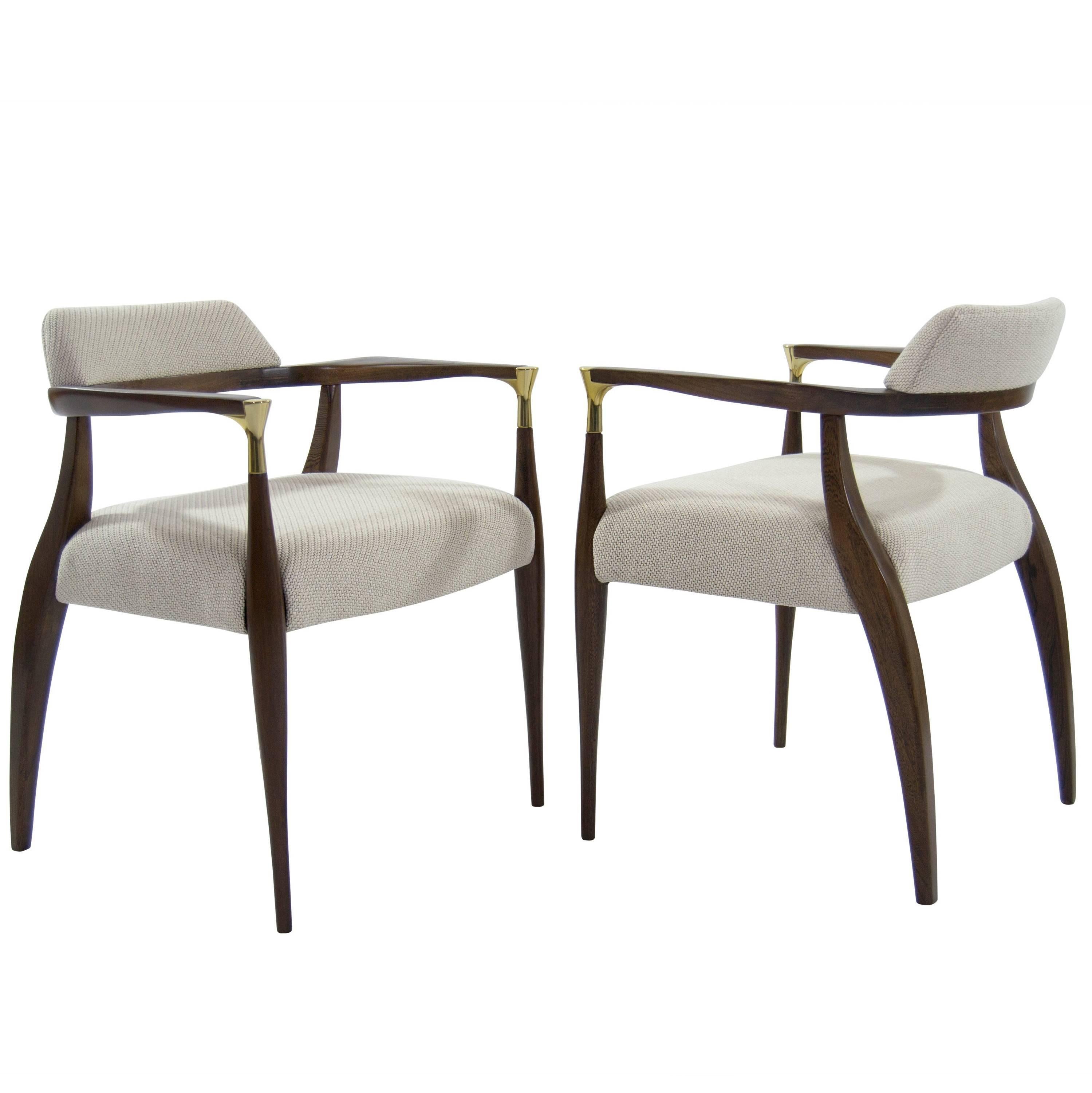 Set of Four Modern Brass-Accented Walnut Armchairs, 1950S In Excellent Condition In Westport, CT