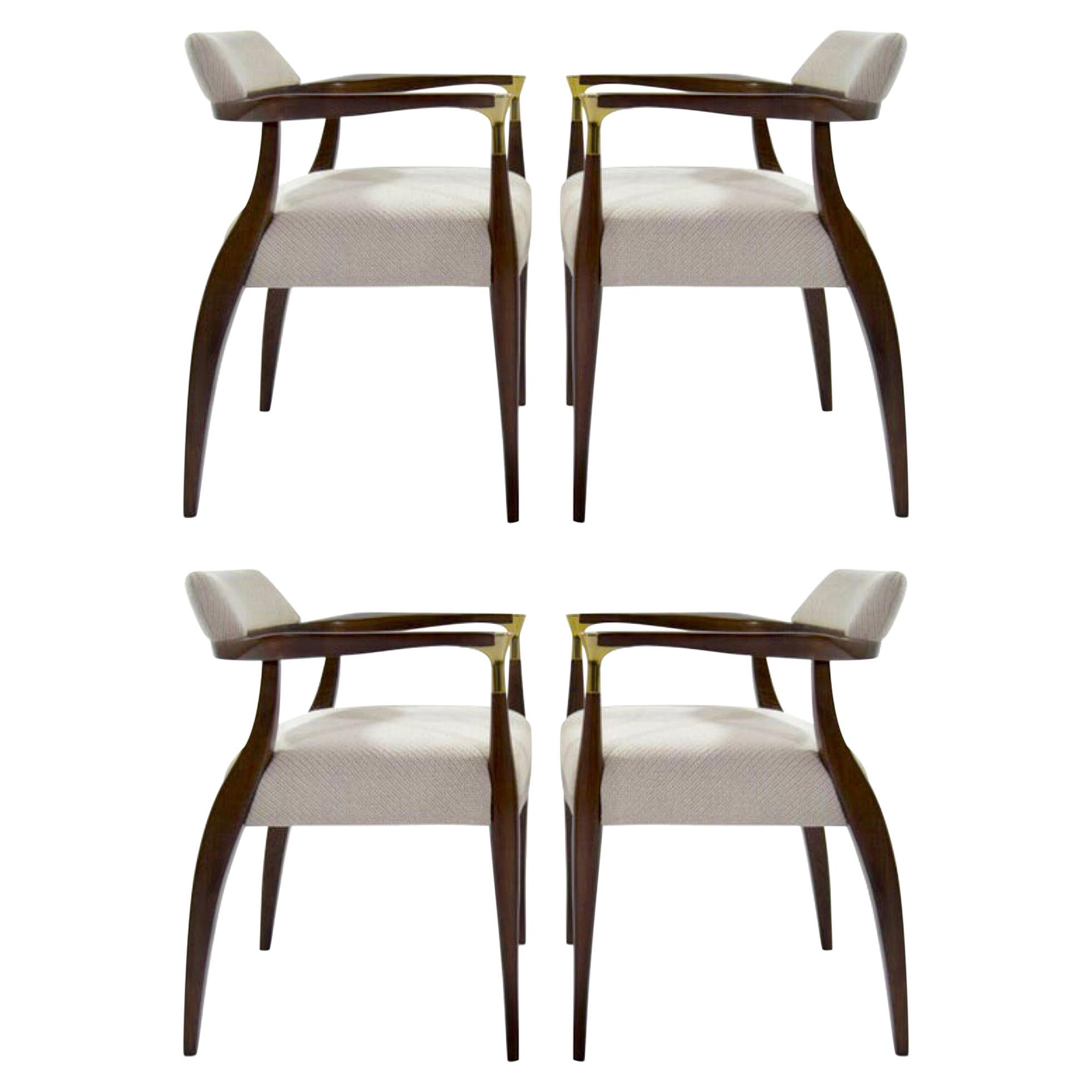 Set of Four Modern Brass-Accented Walnut Armchairs, 1950S