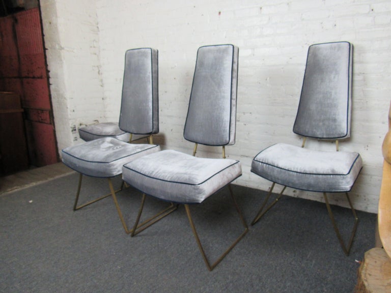 Four Mid-Century Modern style dining chairs with Milo Baughman inspired metal frames.
(Please confirm item location - NY or NJ - with dealer).
  