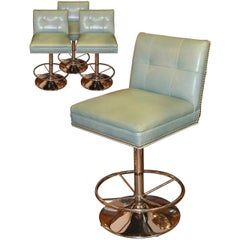Vintage Set of Four Modern Chrome and Leather Barstools