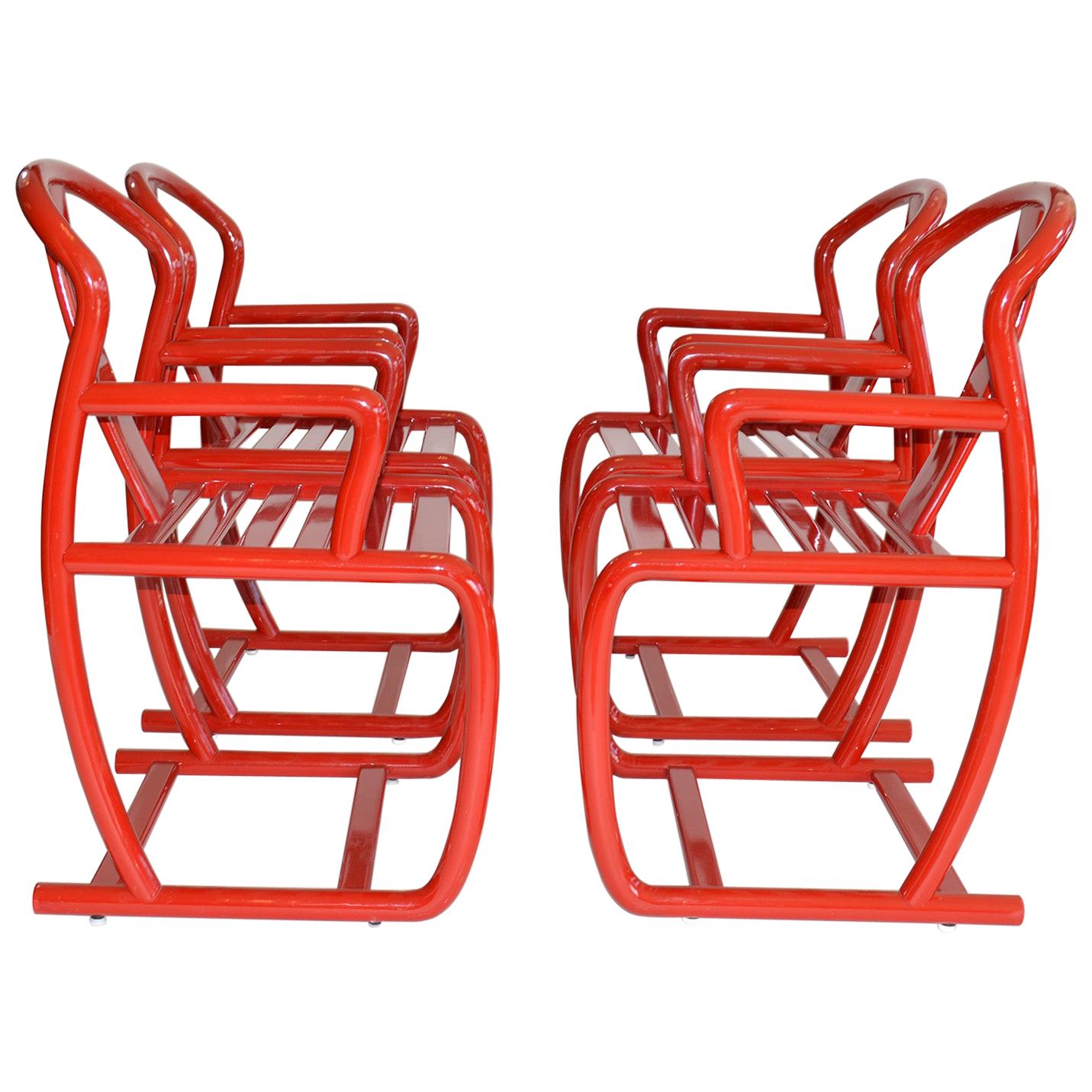 Set of Four Modern Dining Chairs in Red Lacquer, Italy, 1980s For Sale