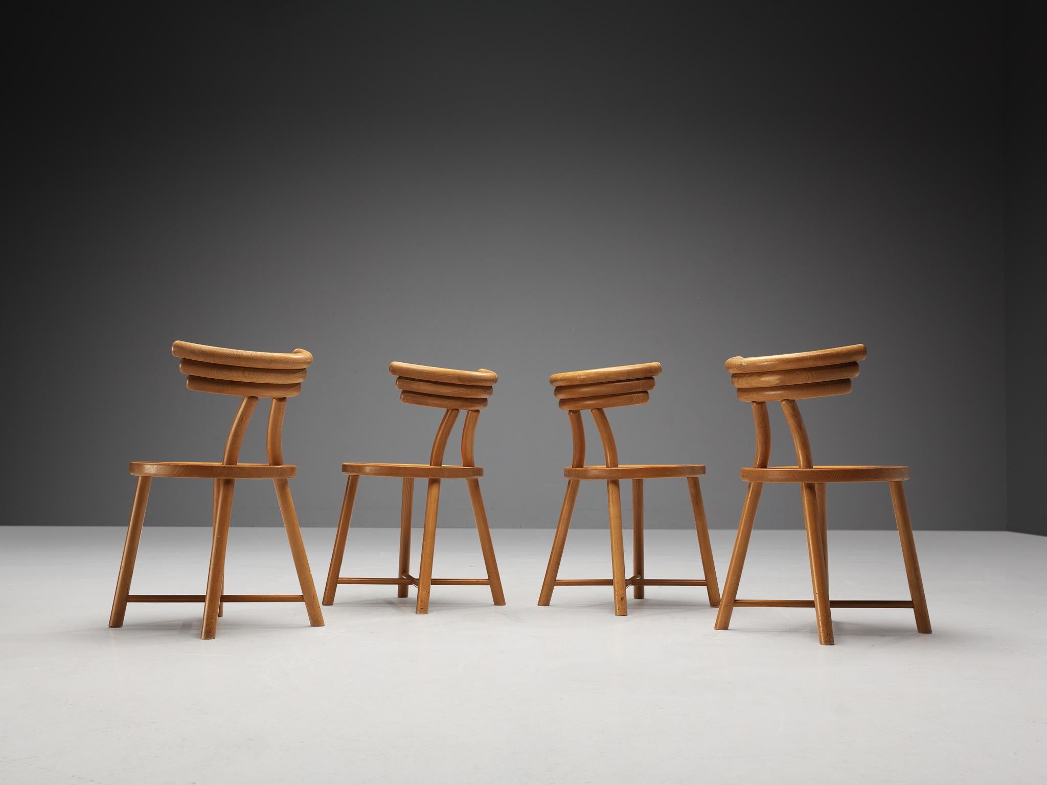 Beech Set of Four Modern Dining Chairs With Round Backrests For Sale