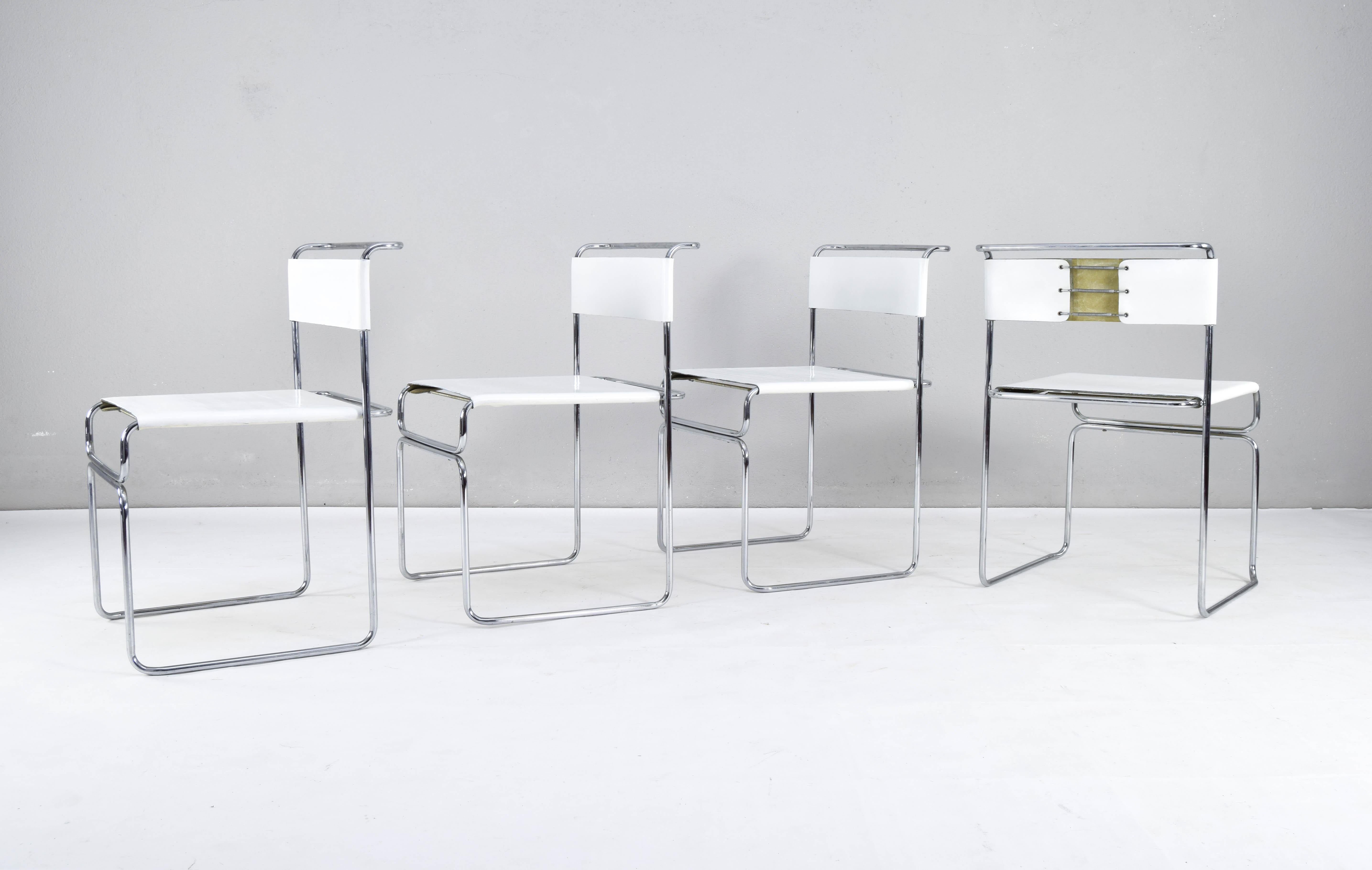 Stainless Steel Set of Four Modern Italian White Leather Libellula Chairs by Giovanni Carini 70s