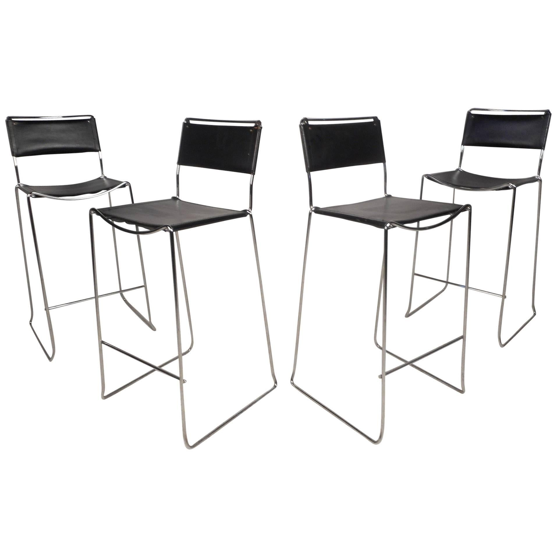 Set of Four Modern Leather and Chrome Bar Stools