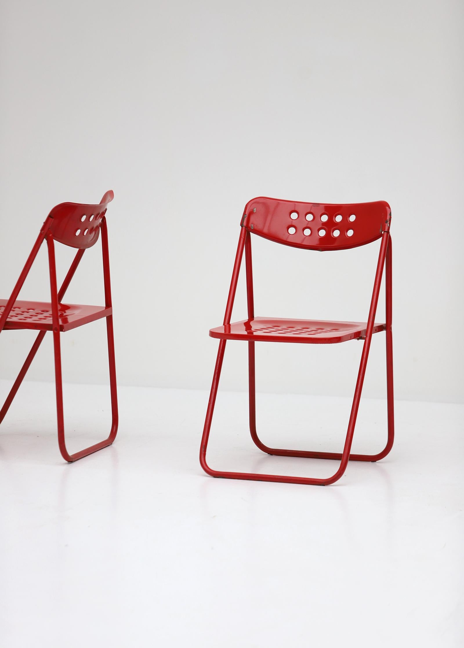European Set of Four Modern Red Lacquered Metal Folding Chairs 1980s For Sale