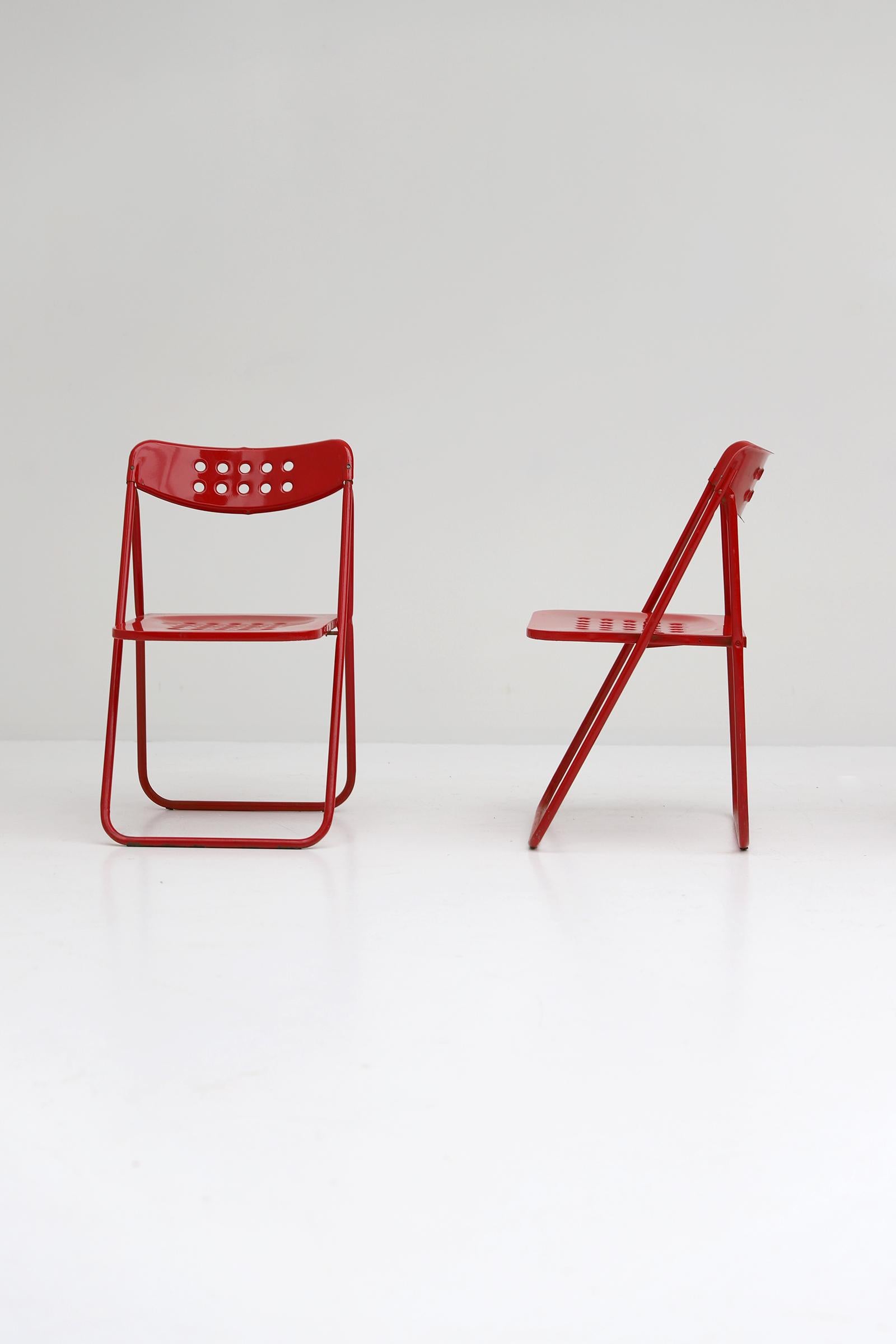 Late 20th Century Set of Four Modern Red Lacquered Metal Folding Chairs 1980s For Sale