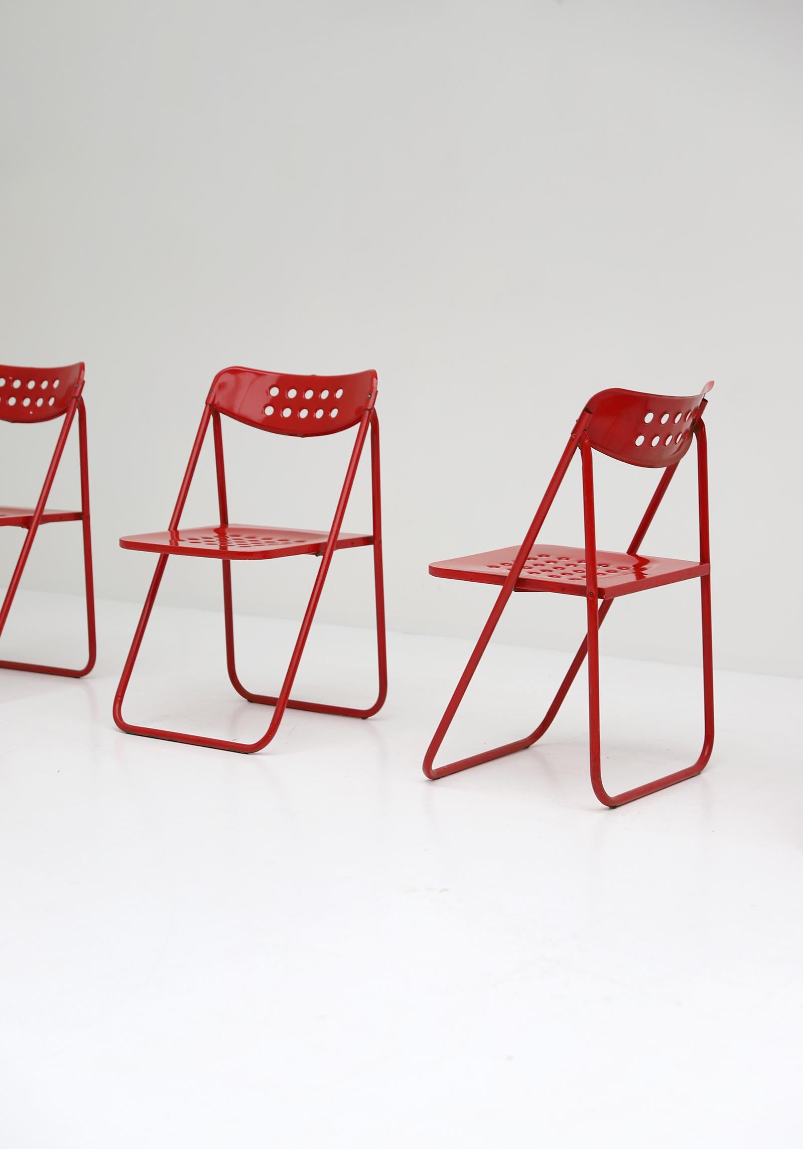 Set of Four Modern Red Lacquered Metal Folding Chairs 1980s For Sale 1