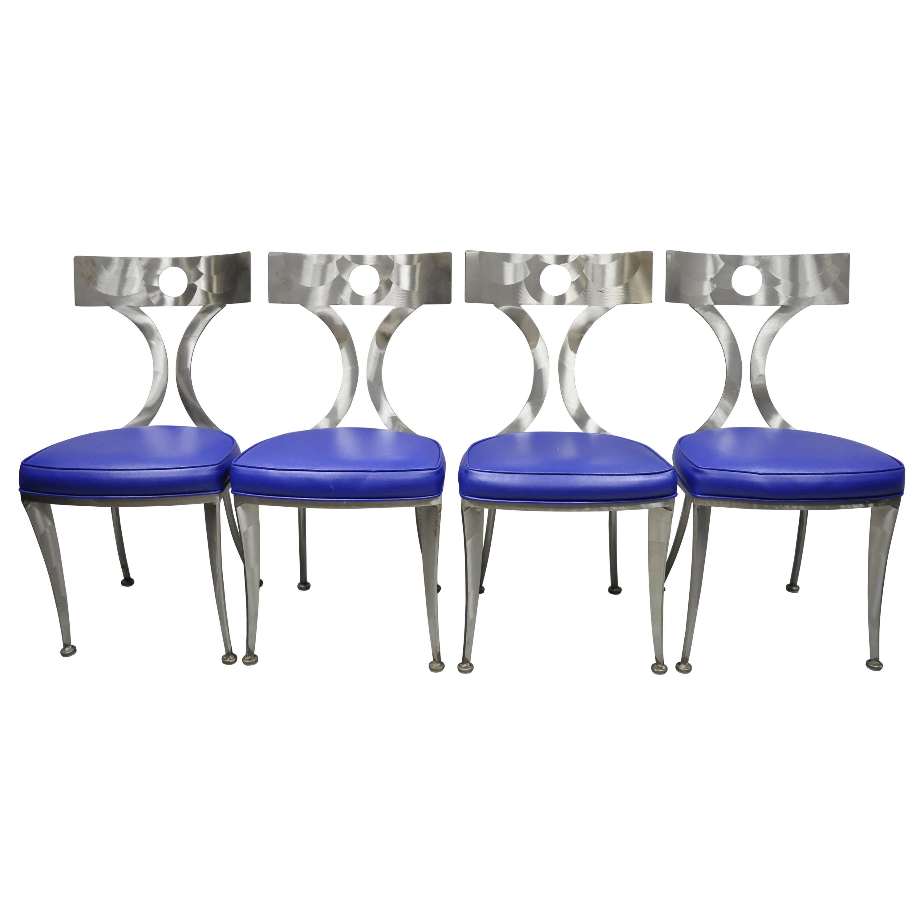 Set of Four Modern Shaver Howard Brushed Steel Metal Modernist Dining Chairs For Sale