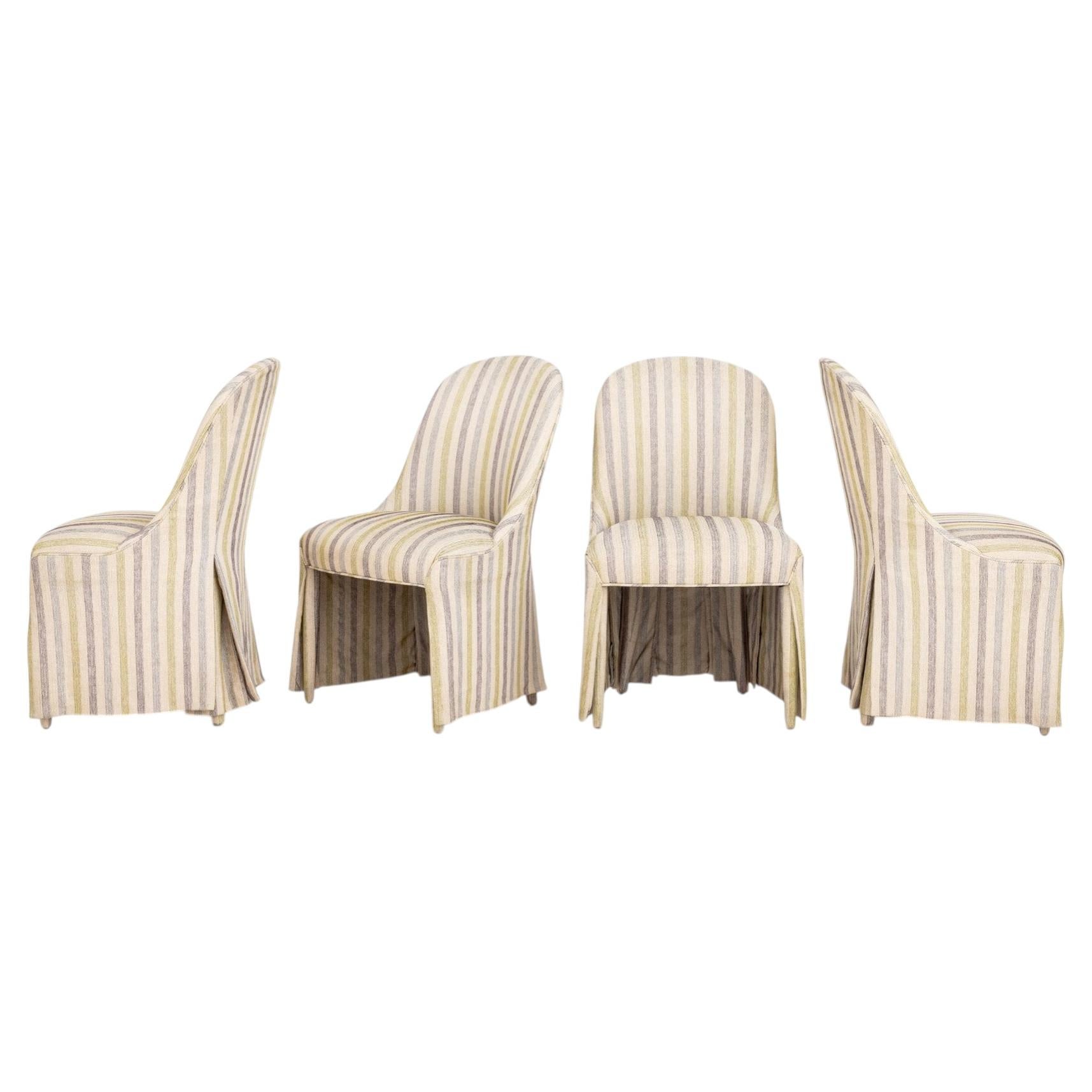 Set of Four Modern Striped Upholstered Dining Chairs with Tapered Legs For Sale