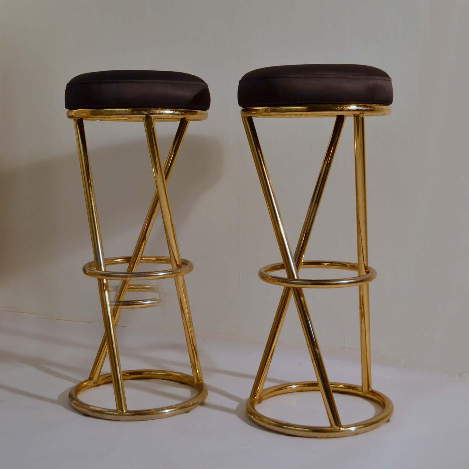 French Four Bar Stools in Tubular Brass by Pierre Chareau France