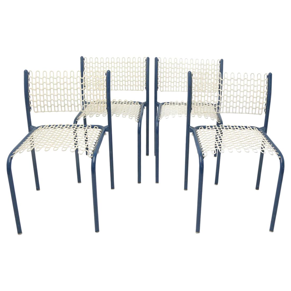 Set of Four Modernist Indoor/Outdoor Chairs with Mesh Seats and Backs For Sale