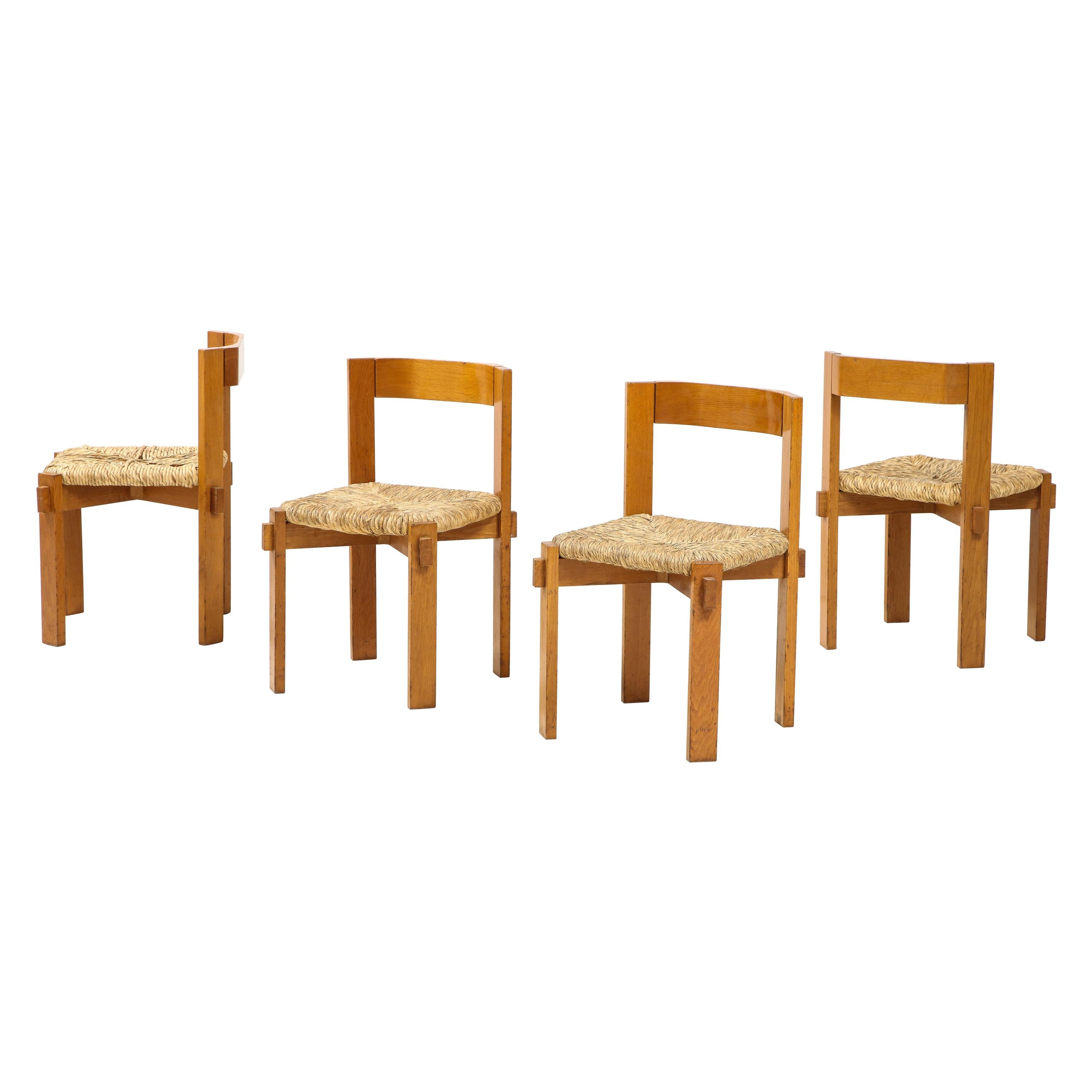 Set of Four Modernist Italian Oak and Straw Chairs