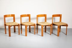 Set of Four Modernist Italian Oakwood and Straw Chairs, 1950s