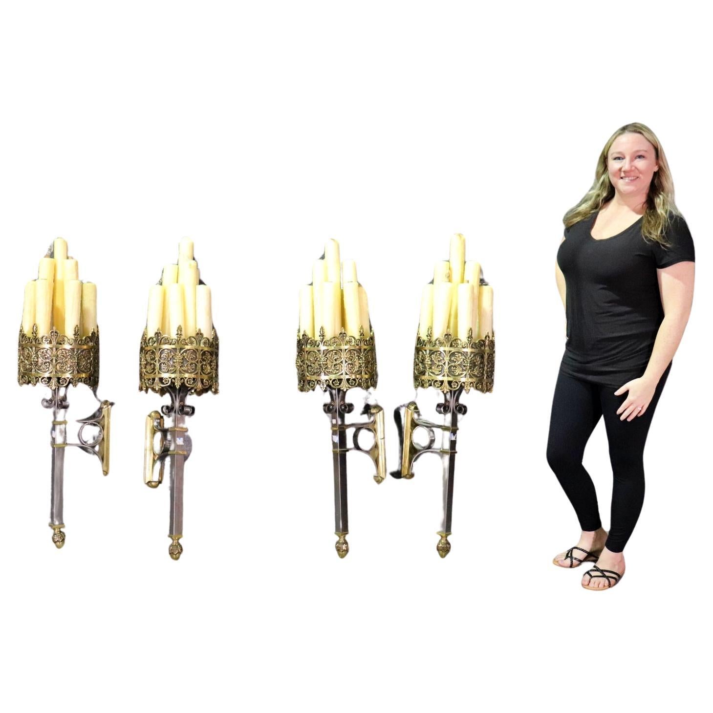 Set of Four Monumental Brass Bronze and Steel Gothic Sconces  For Sale