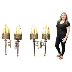 Set of Four Monumental Brass Bronze and Steel Gothic Sconces 