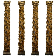 Used Set of 4 Italian Rococo Painted Carved Columns