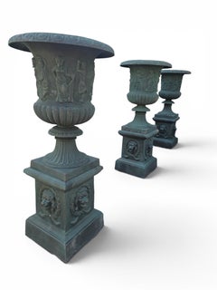 Set of Four Monumental Patinated Iron Garden Urns, Italy