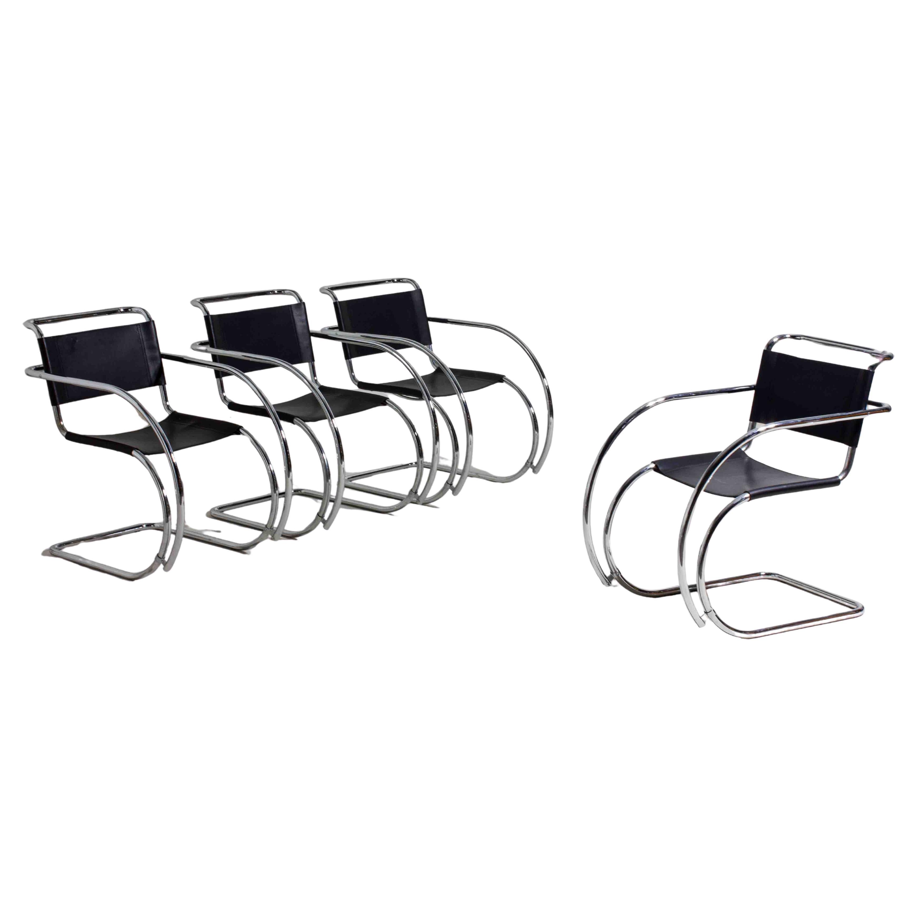 Set of four MR20 Bauhaus tubular chrome and leather dining armchairs, 1970s
