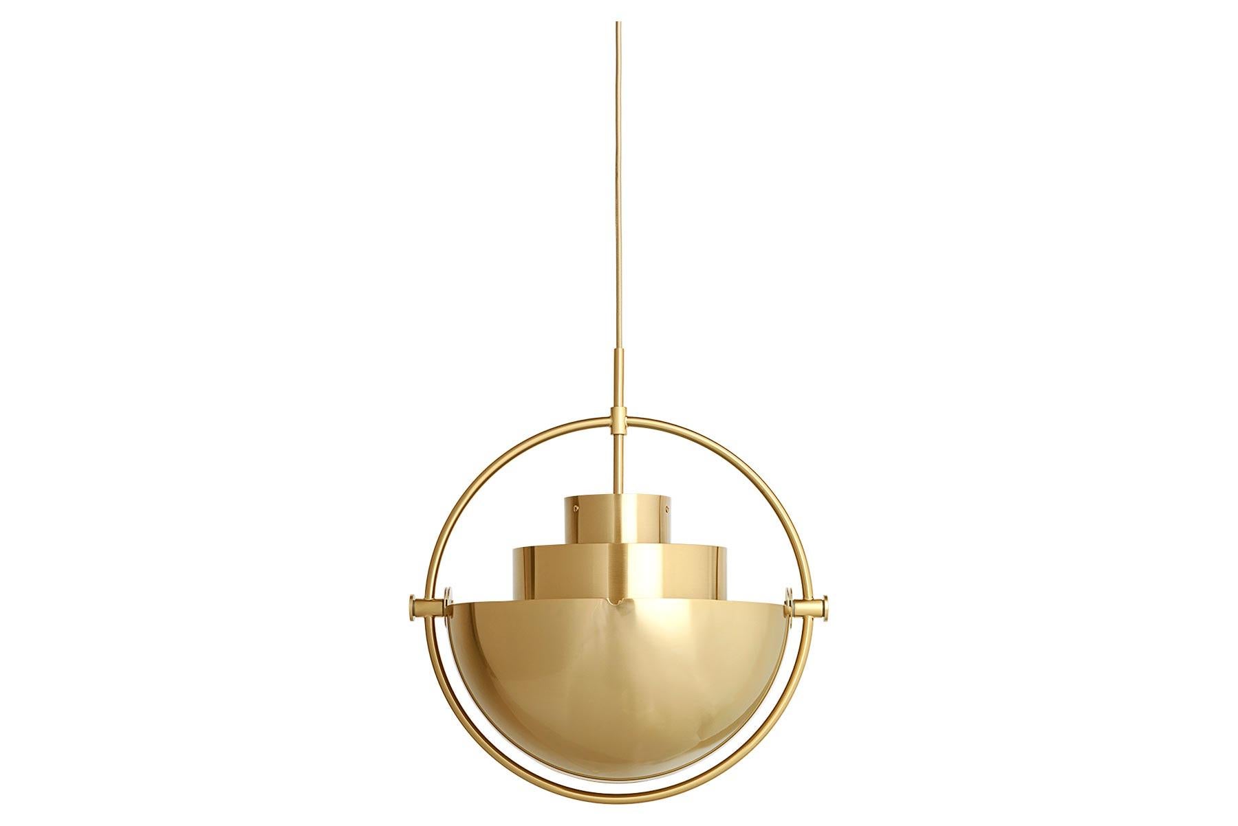 The Multi-Lite pendant embraces the golden era of Danish design with its characteristic shape of two opposing outside, mobile shades that enable creating a personal installation and a wide range of lighting values in a room. By individually rotating