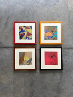 Set of four multicolour geometric framed silk scarves