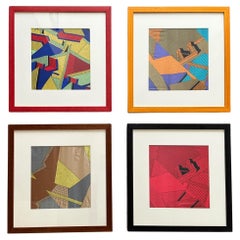 Set of four multicolour geometric framed silk scarves