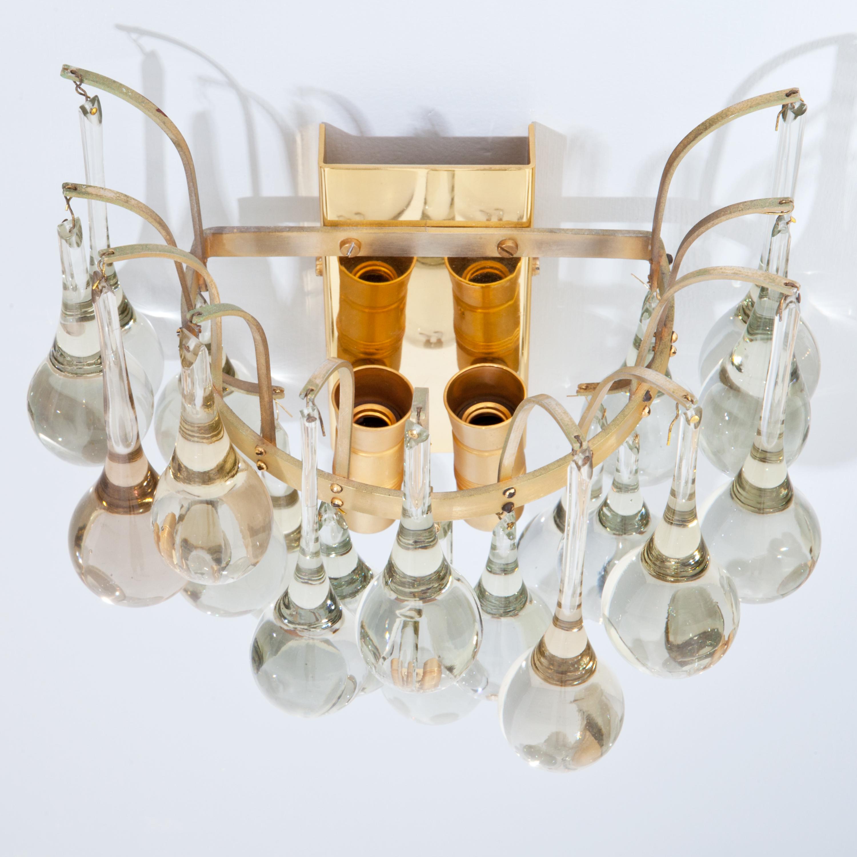 Brass Set of Four Murano Glass Teardrop Wall Sconces, by Palwa, Germany, 1960s