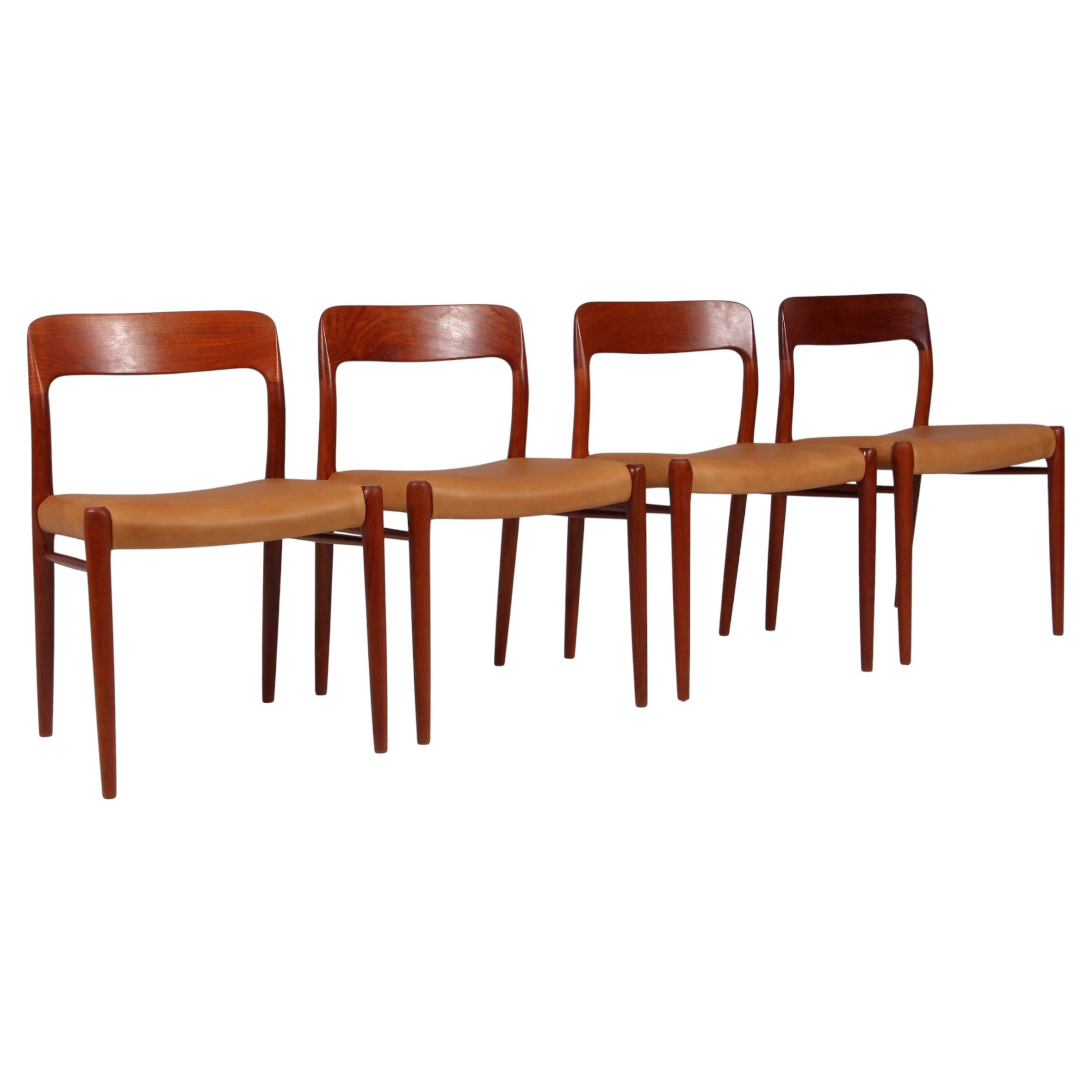 Set of four N. O. Møller Dining Chairs, solid teak, full grain leather