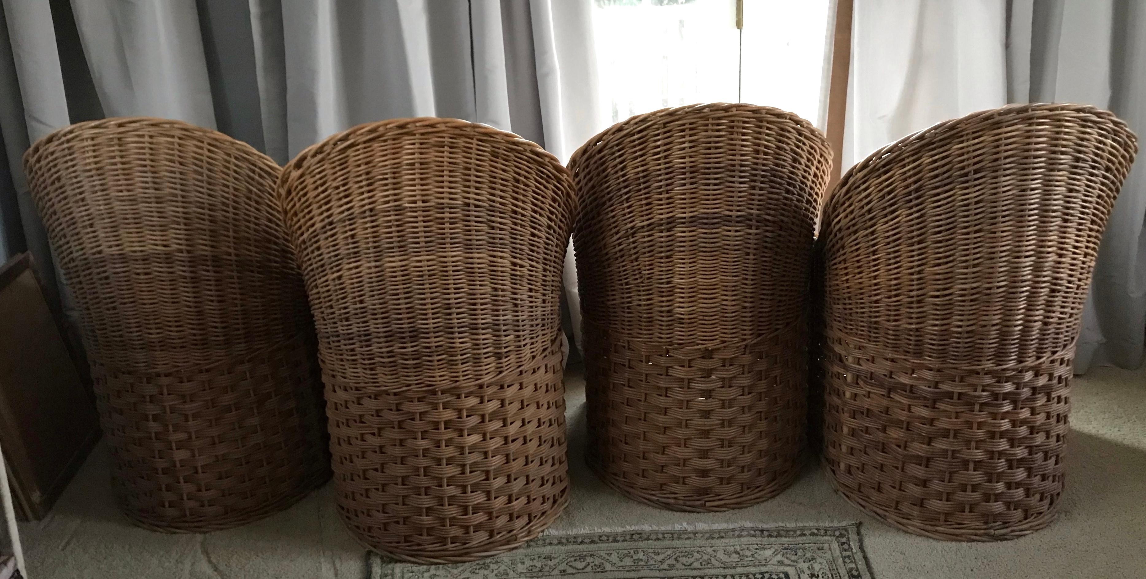 Set of Four Natural Wicker Barrel Back Chairs For Sale 1
