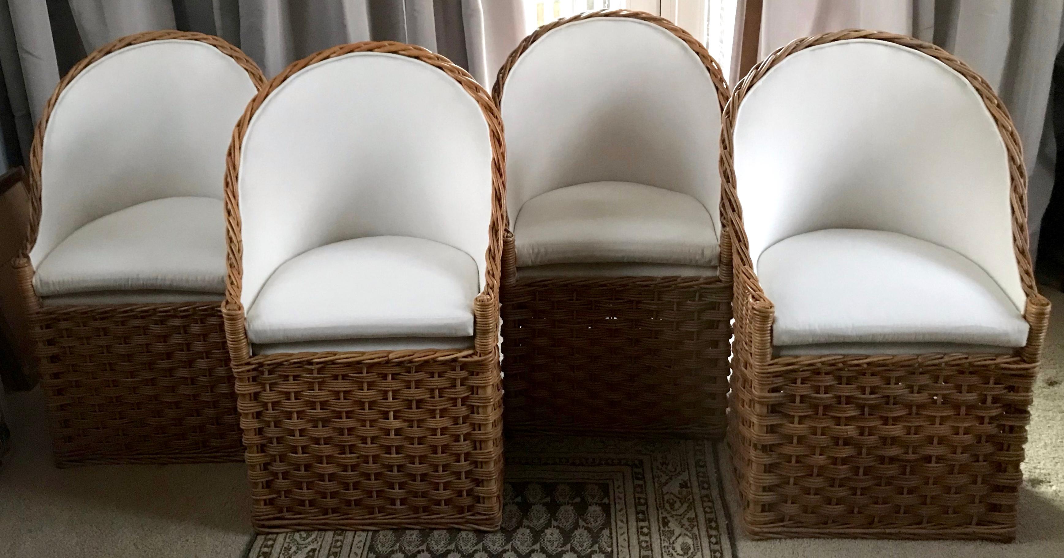 American Set of Four Natural Wicker Barrel Back Chairs For Sale