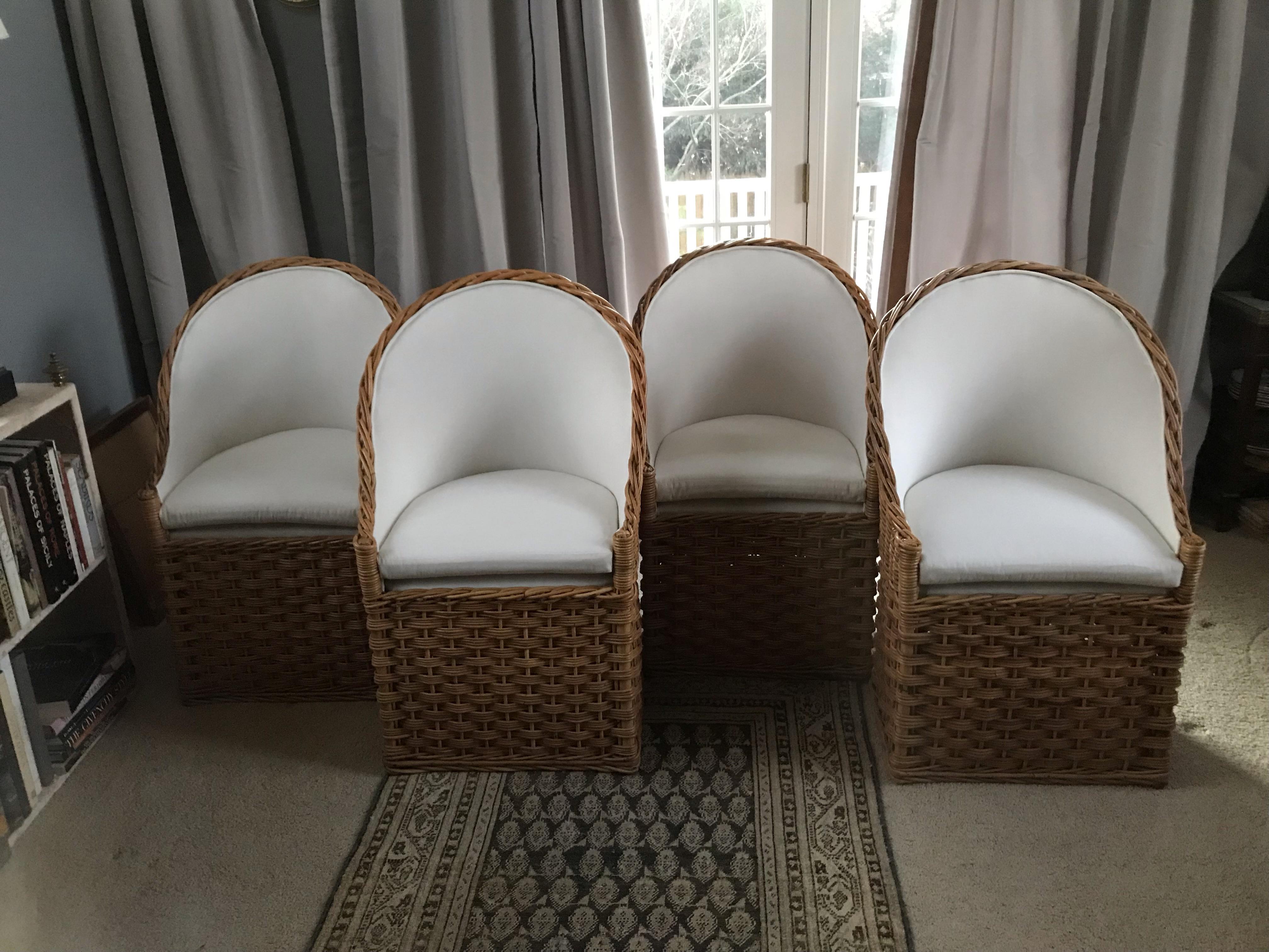 Woven Set of Four Natural Wicker Barrel Back Chairs For Sale