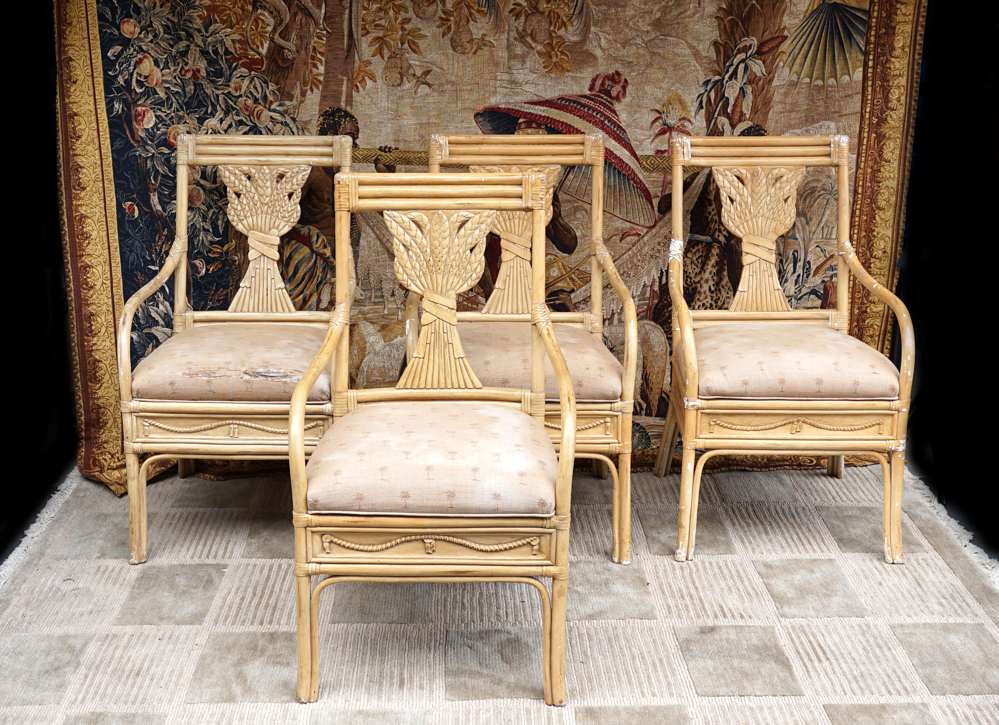 Set of Four Neo Classical 1930s Armchairs of Bamboo and Rattan in Beige For Sale 7