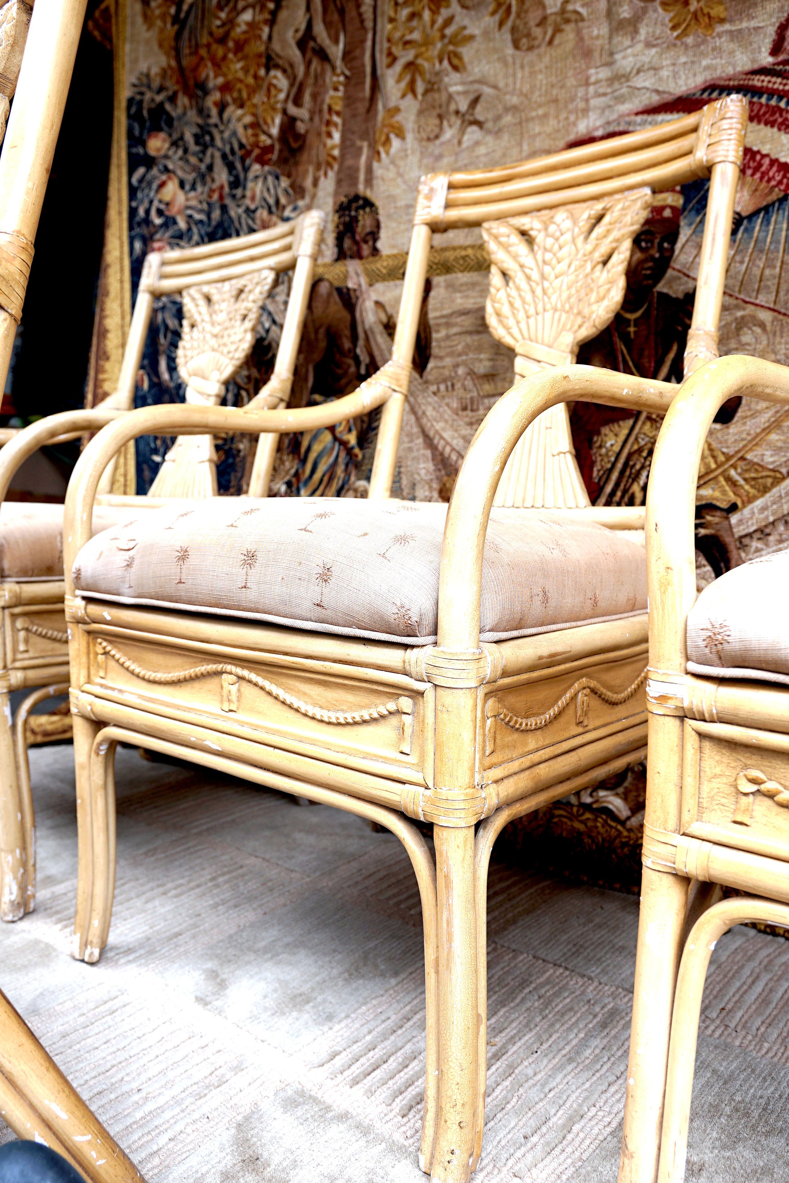 Set of Four Neo Classical 1930s Armchairs of Bamboo and Rattan in Beige In Fair Condition For Sale In Lomita, CA