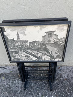 Set of Four Neoclassical Fornasetti Style Snack Tables in Black & White