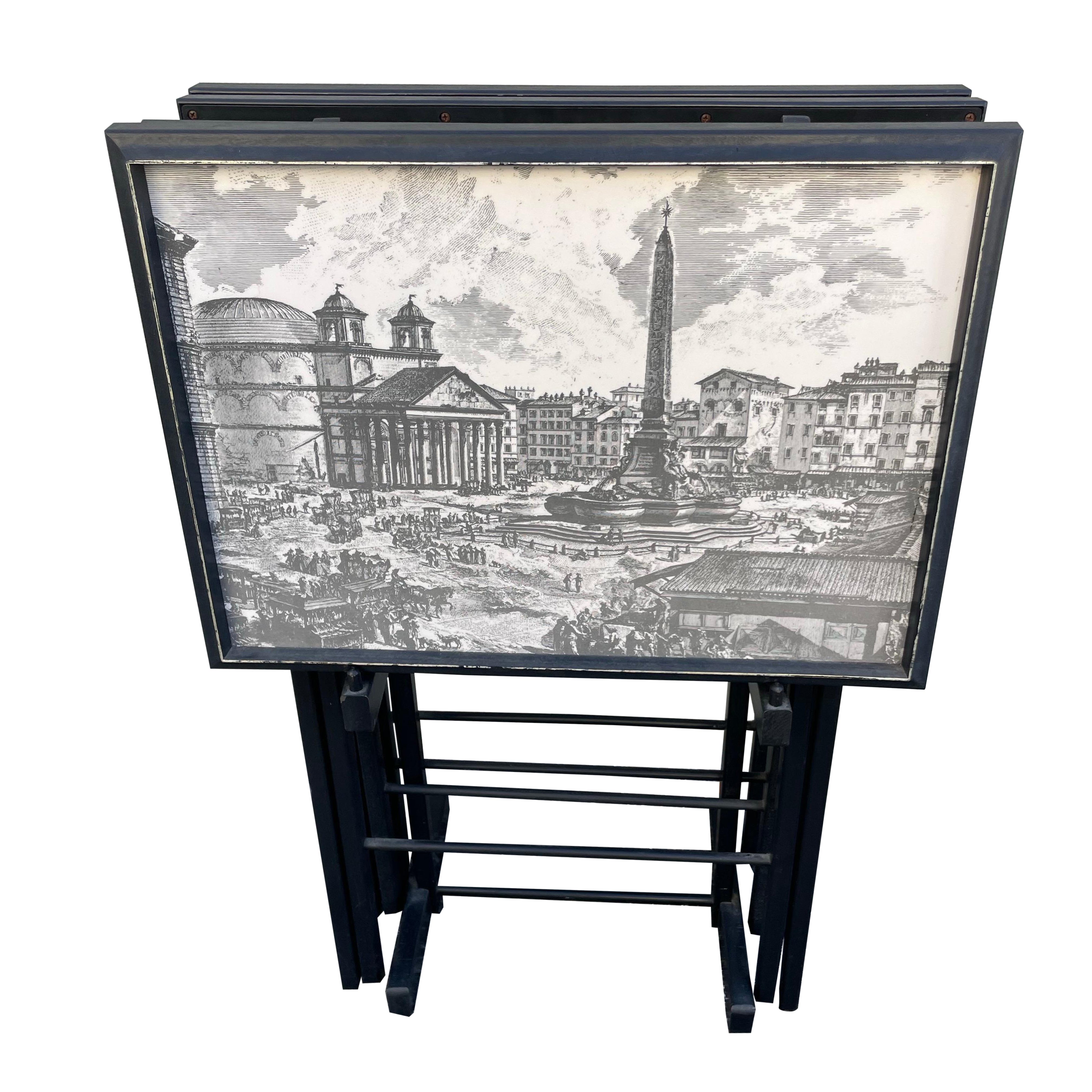 Set of Four Neoclassical Fornasetti Style Snack Tables in Black 
White For Sale