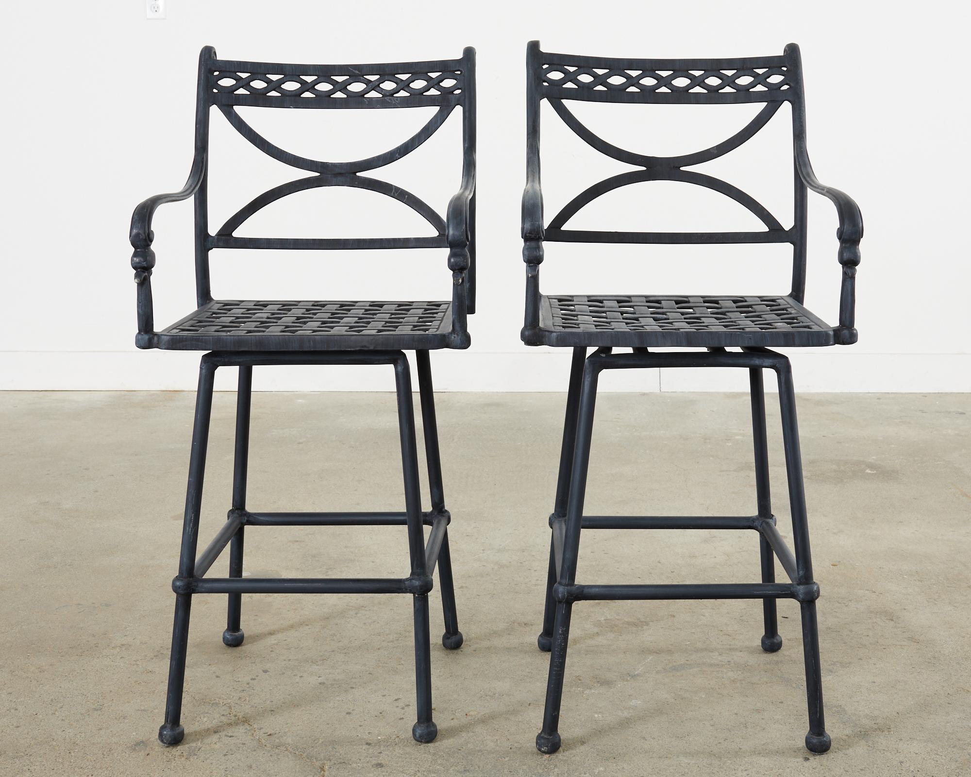 American Set of Four Neoclassical Style Aluminum Garden Swivel Barstools For Sale