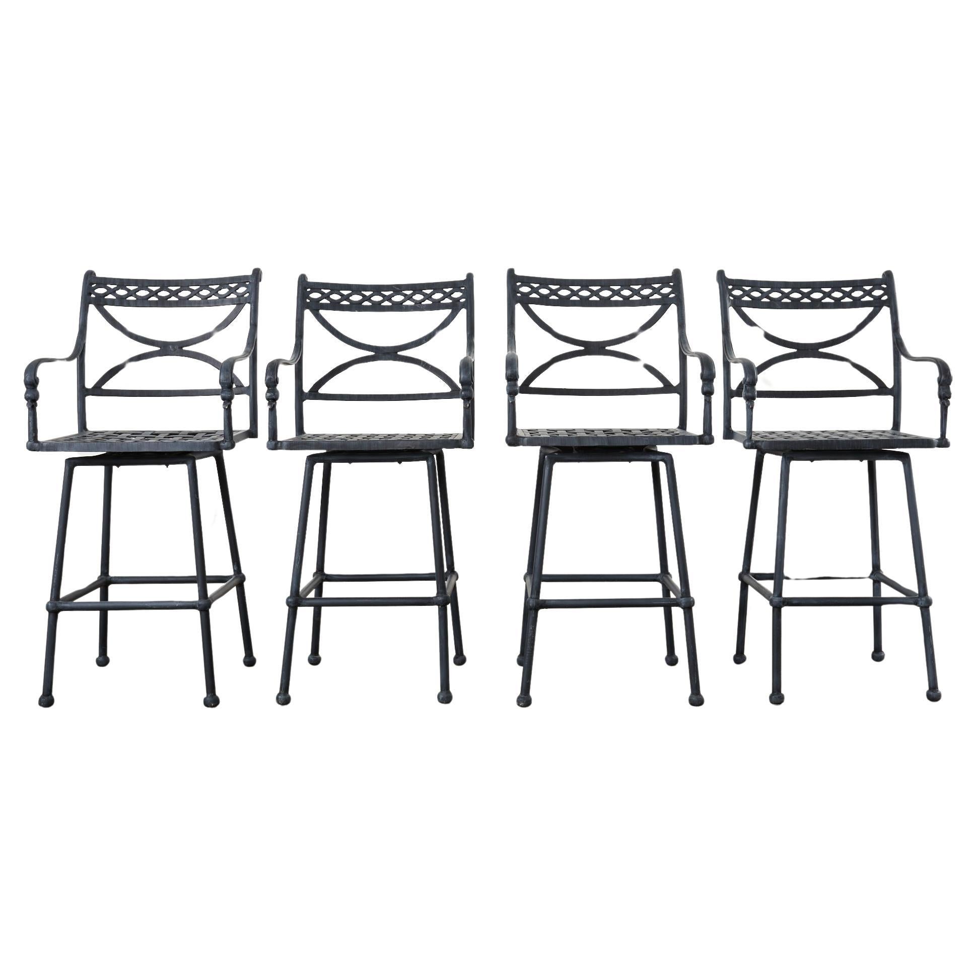 Set of Four Neoclassical Style Aluminum Garden Swivel Barstools For Sale